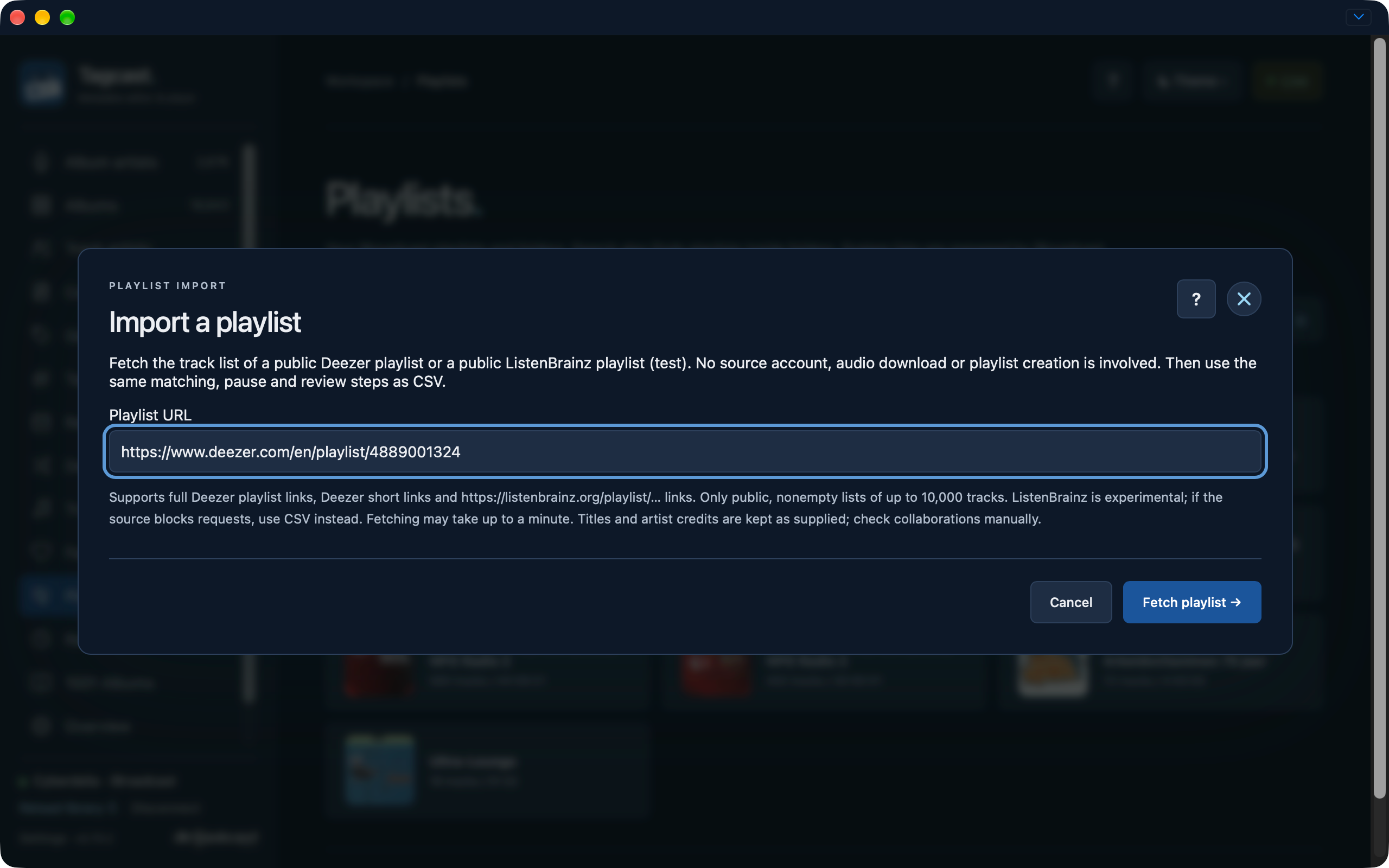Public playlist URL dialog with a Deezer playlist address and the explicit Fetch playlist button
