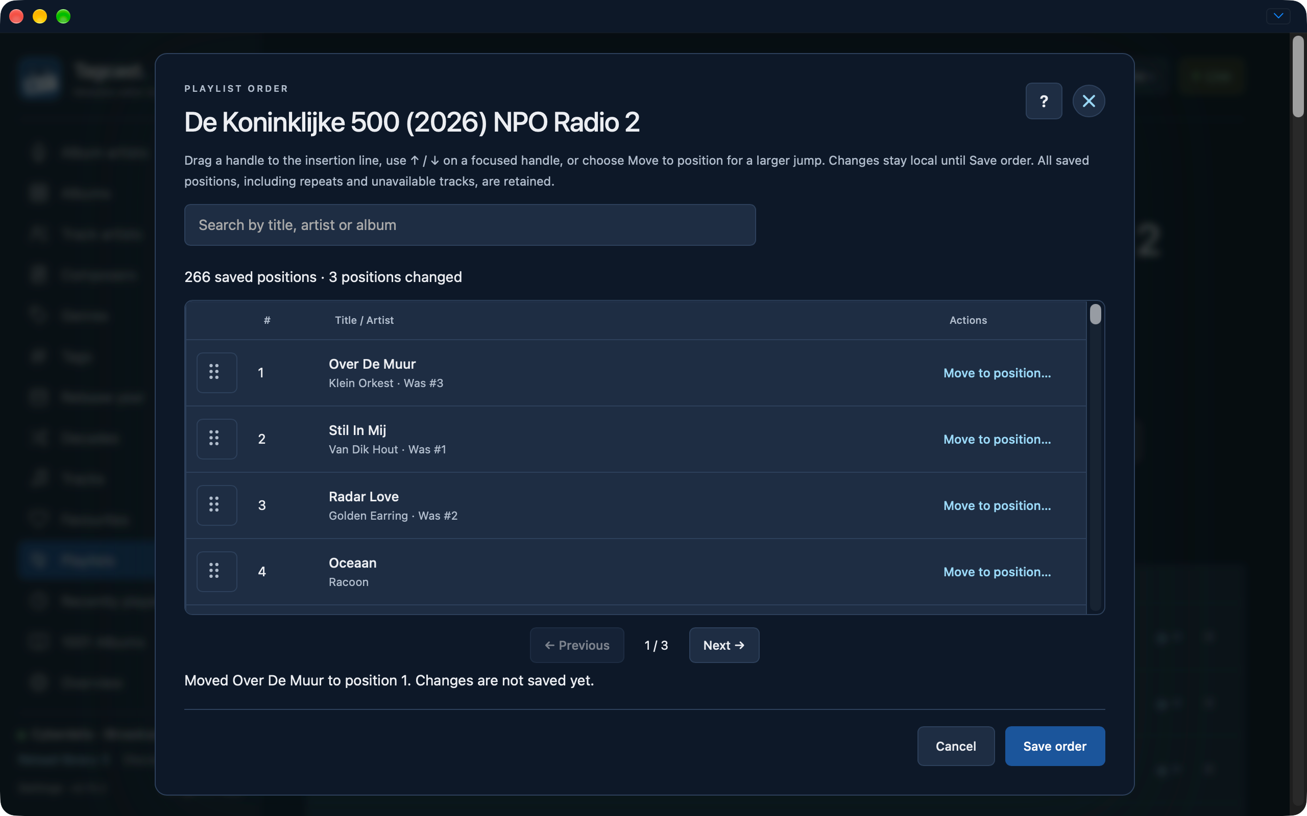 Playlist order draft showing Over De Muur moved to position one, original-position labels, three changed positions and Save order