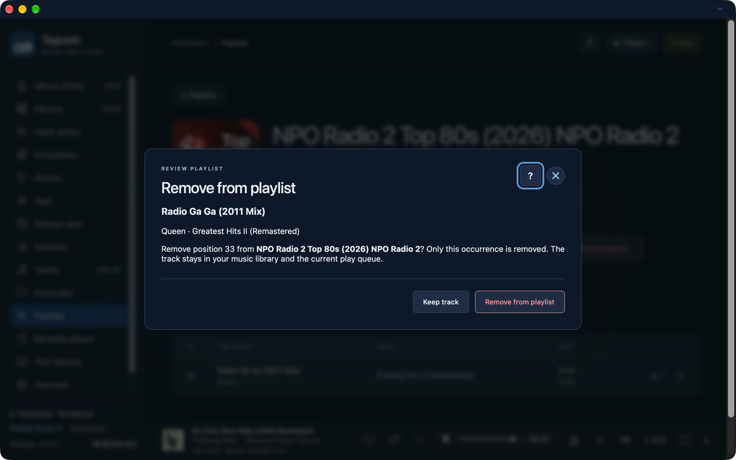 Remove from playlist review naming one track, its album and original playlist position, with Keep track and Remove from playlist buttons