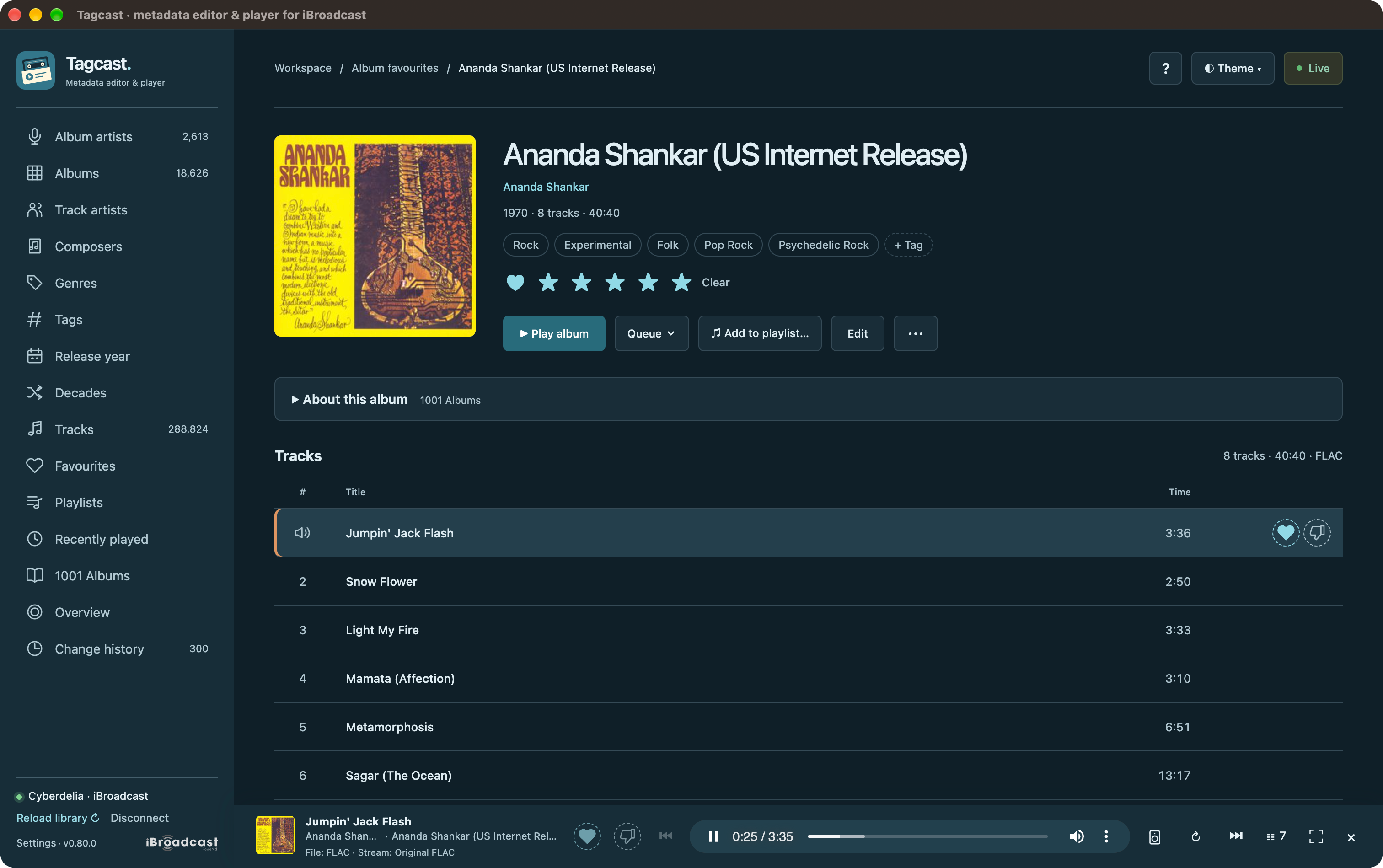Tagcast 0.80.0 album page with artwork, genre chips, favourite heart, star rating, album actions and the playing track