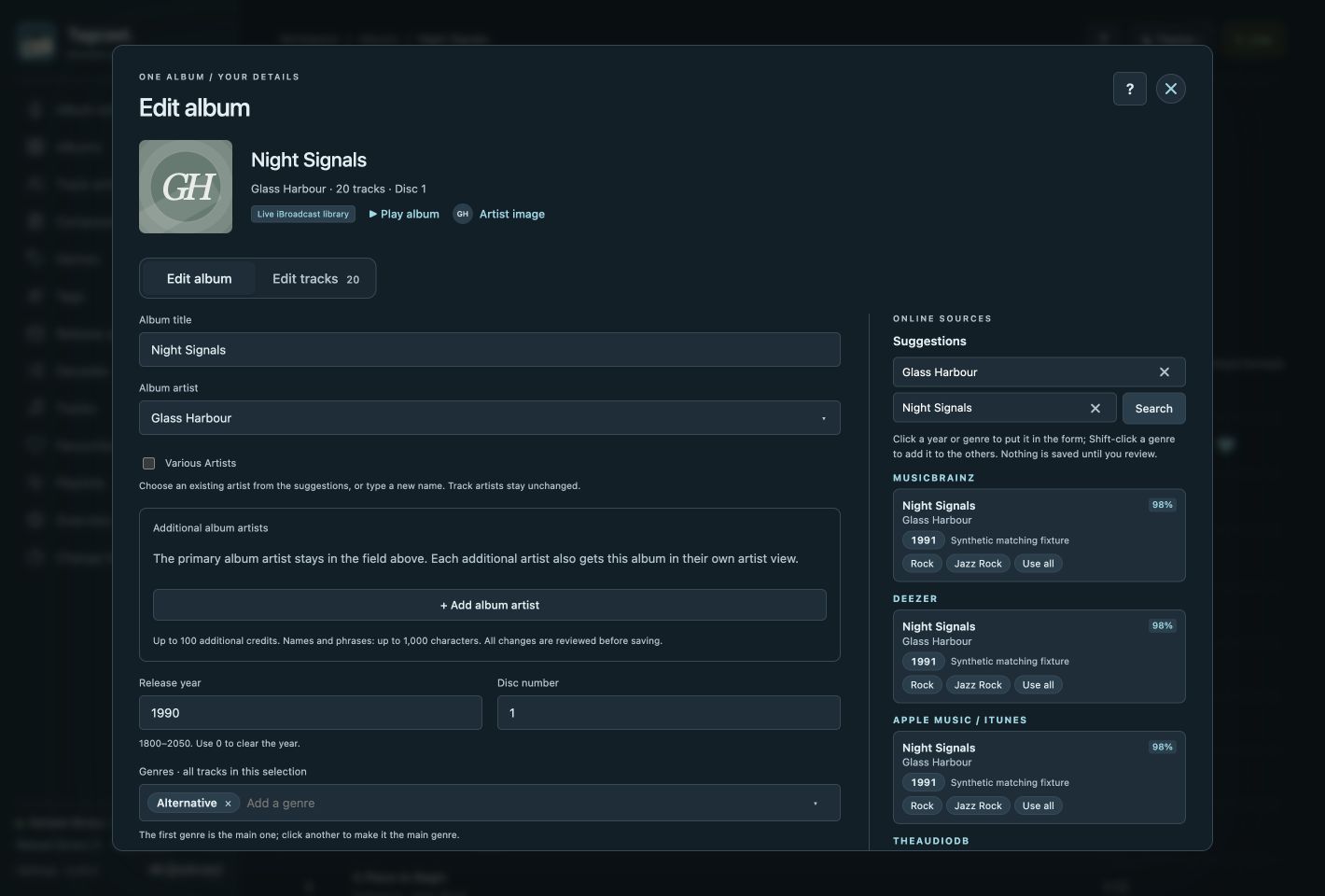 Tagcast 0.80.0 Edit album tab with album fields on the left and online-source suggestions on the right