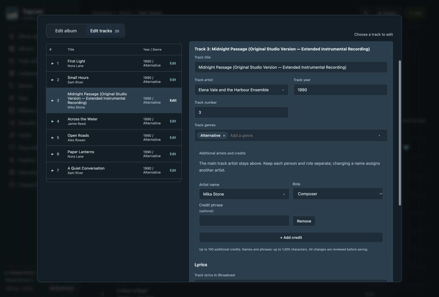 Tagcast 0.80.0 Edit tracks tab with the selected track highlighted beside its fields and composer credit