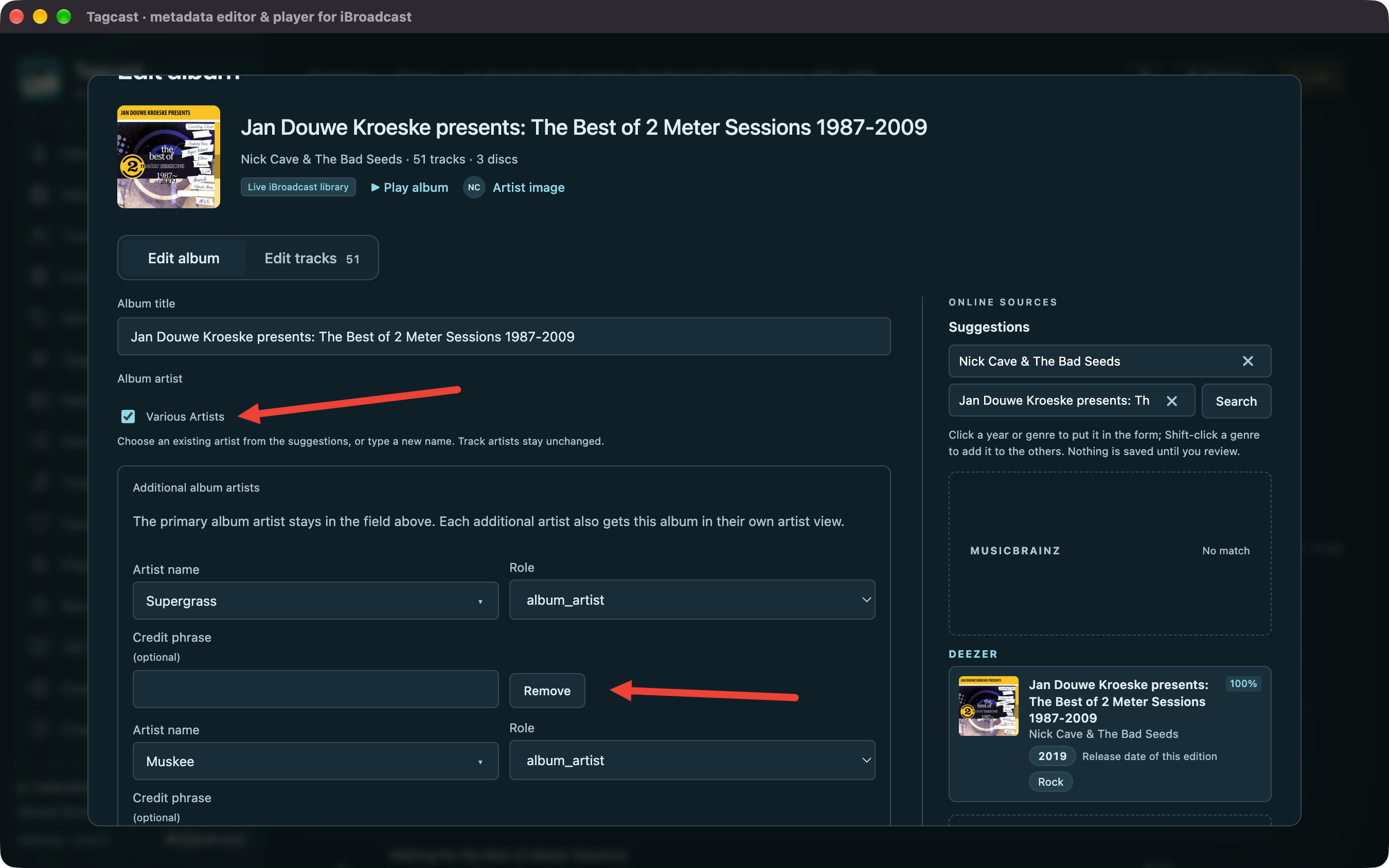 Various Artists checkbox selected in the earlier editor presentation