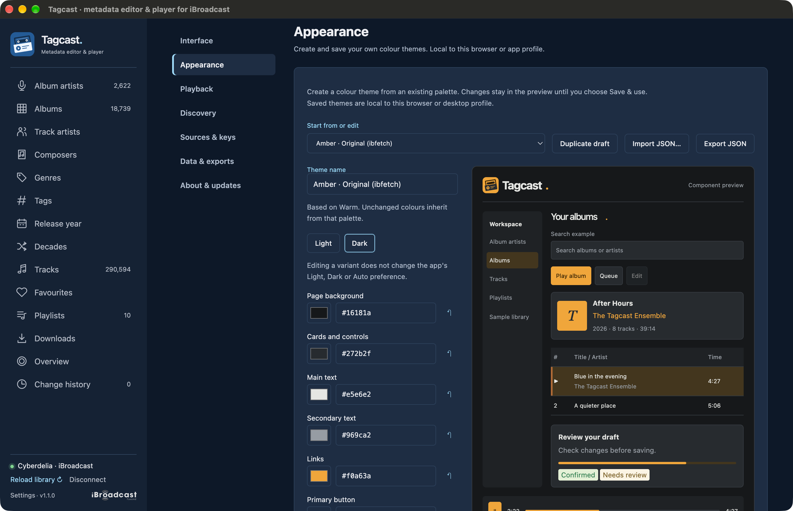 Tagcast's Appearance settings showing the imported Amber Original theme, Import JSON and Export JSON buttons, editable Dark colour fields and an isolated component preview