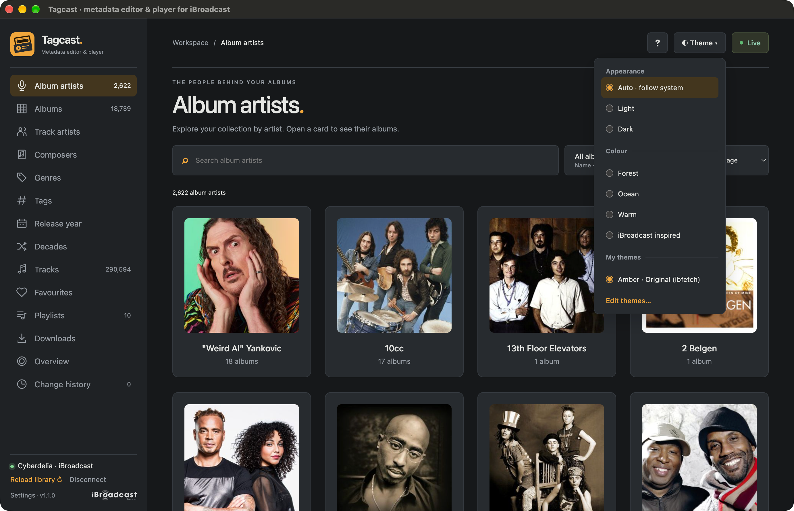 Tagcast's Album artists page with charcoal-grey surfaces and amber highlights; the Theme menu shows Amber Original from ibfetch selected under My themes