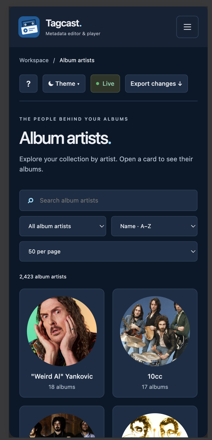 Narrow Album artists view with the mobile menu button, wrapping filters and two artist cards per row