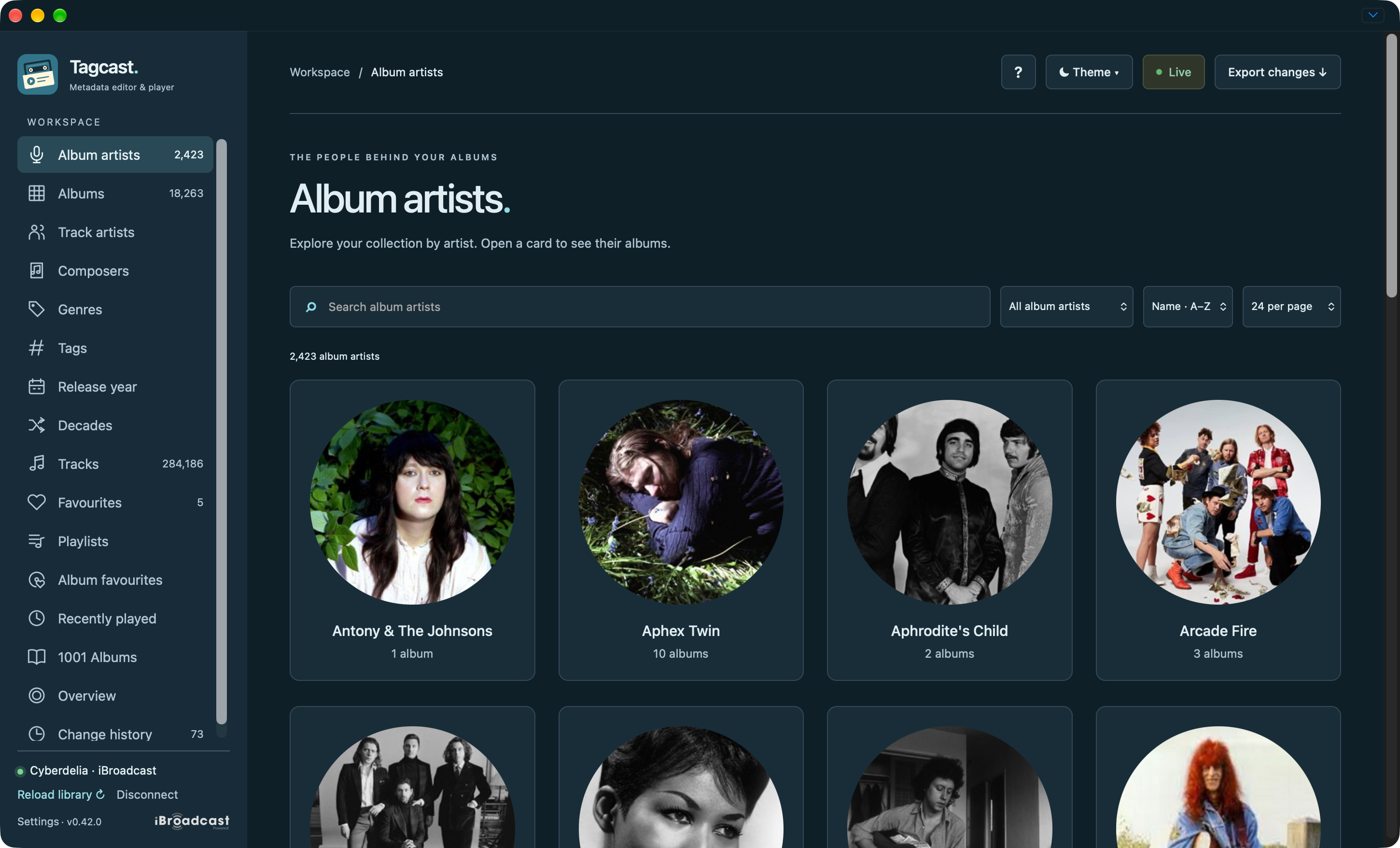Album artist grid with artist images and collection counts