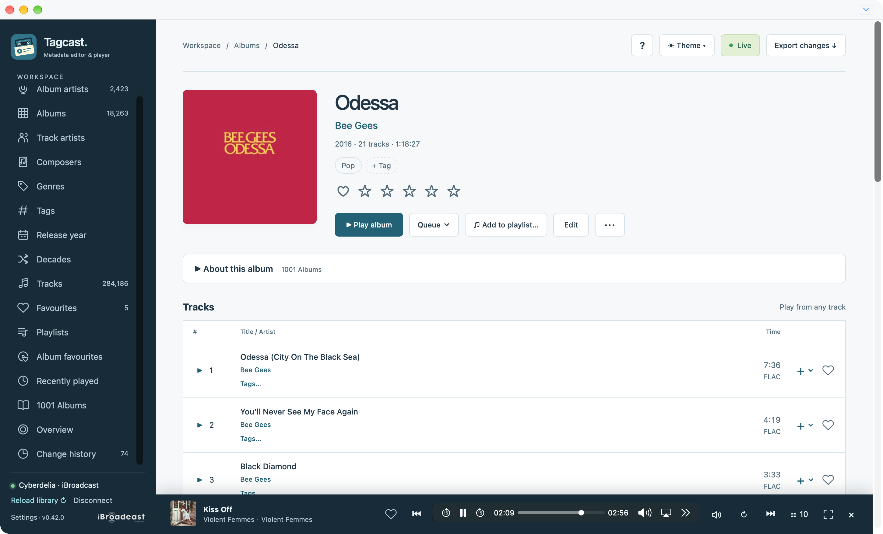 Odessa by Bee Gees in Light appearance, with album actions and the compact player