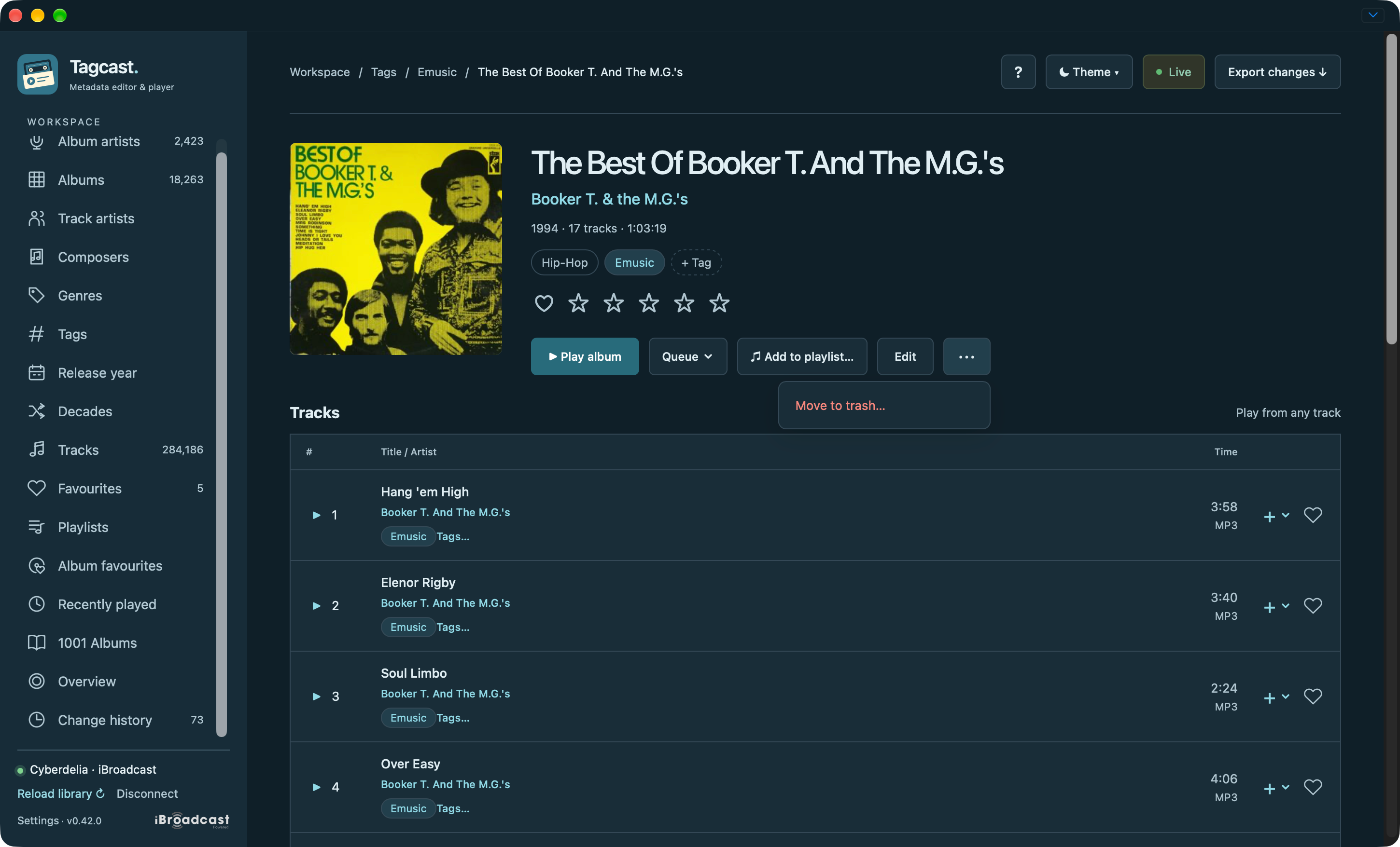 More album actions menu with Move to trash