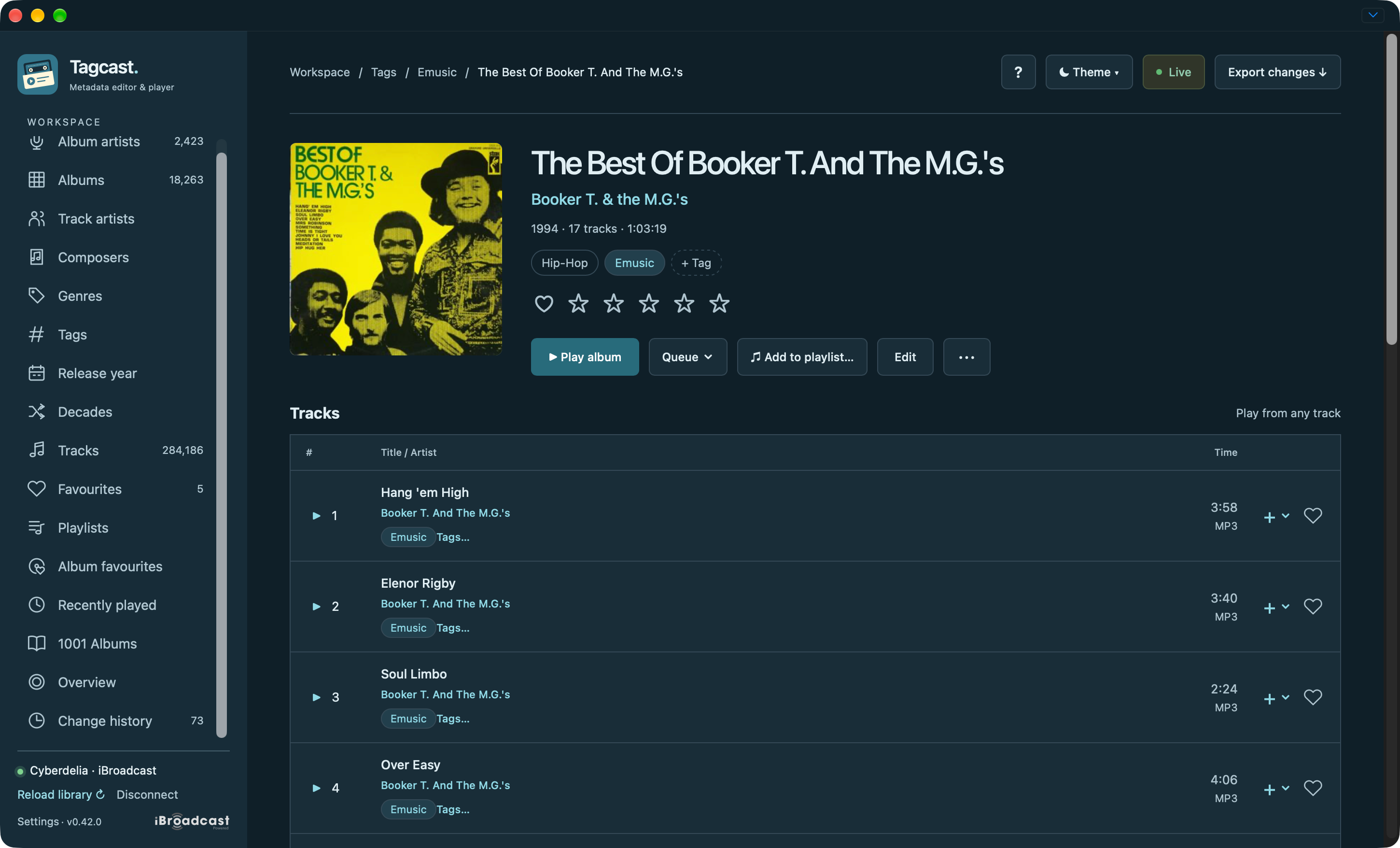Native Emusic tag on an album and its tracks, with genre chips, + Tag and the browsing breadcrumb