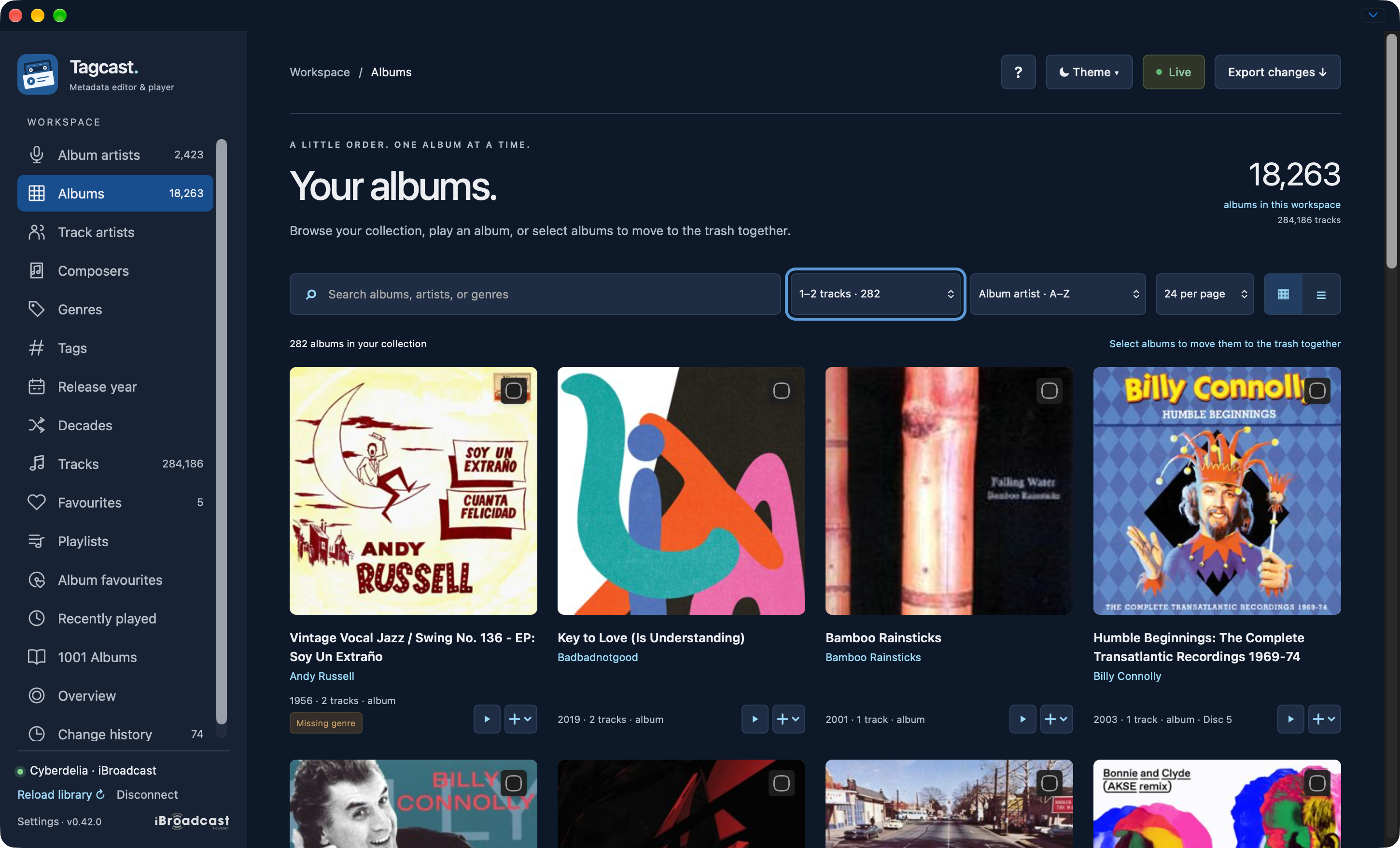 Albums filtered to one or two tracks with selection checkboxes and no random playback action