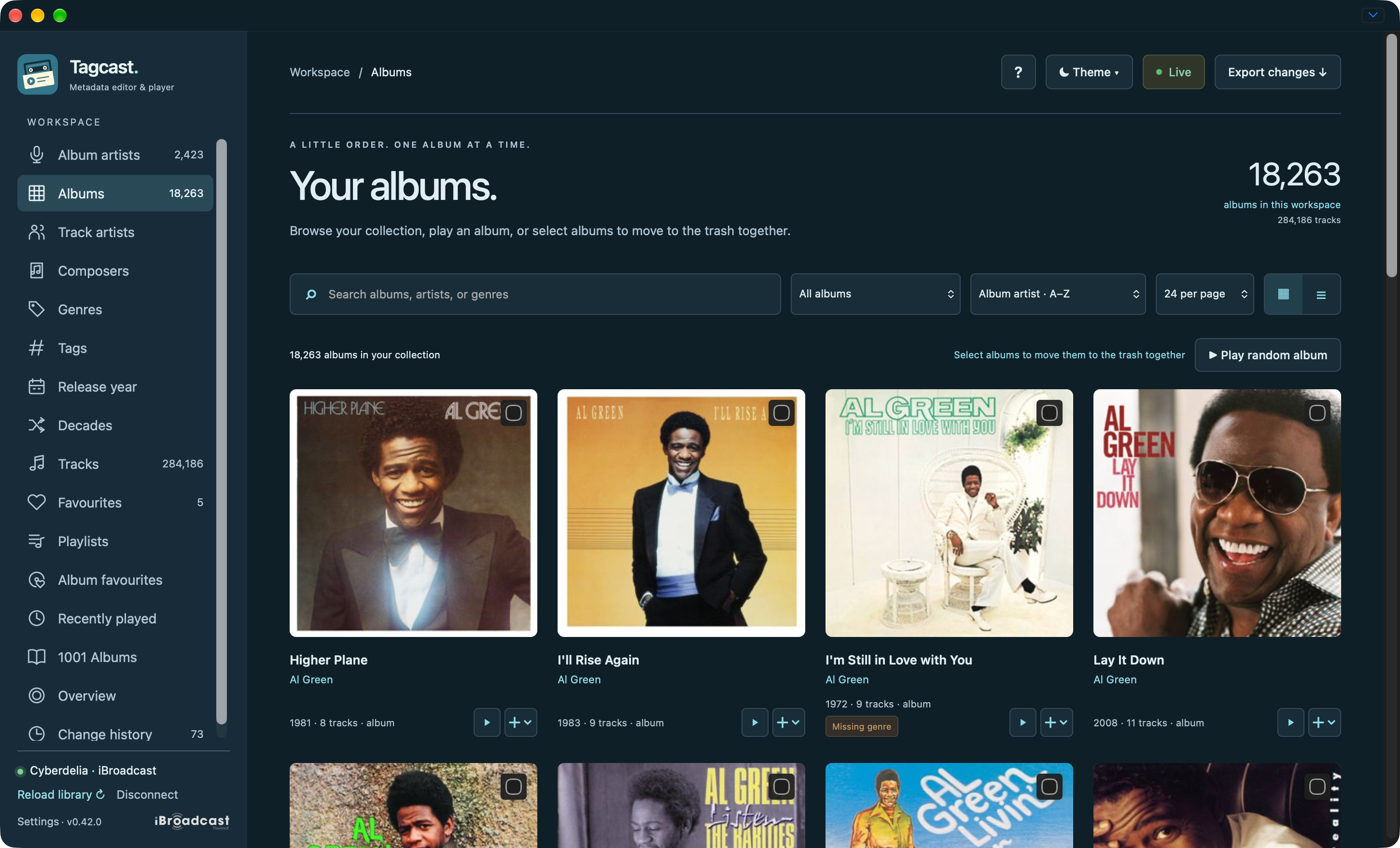 Album collection with Al Green covers, filters and compact Play and queue buttons