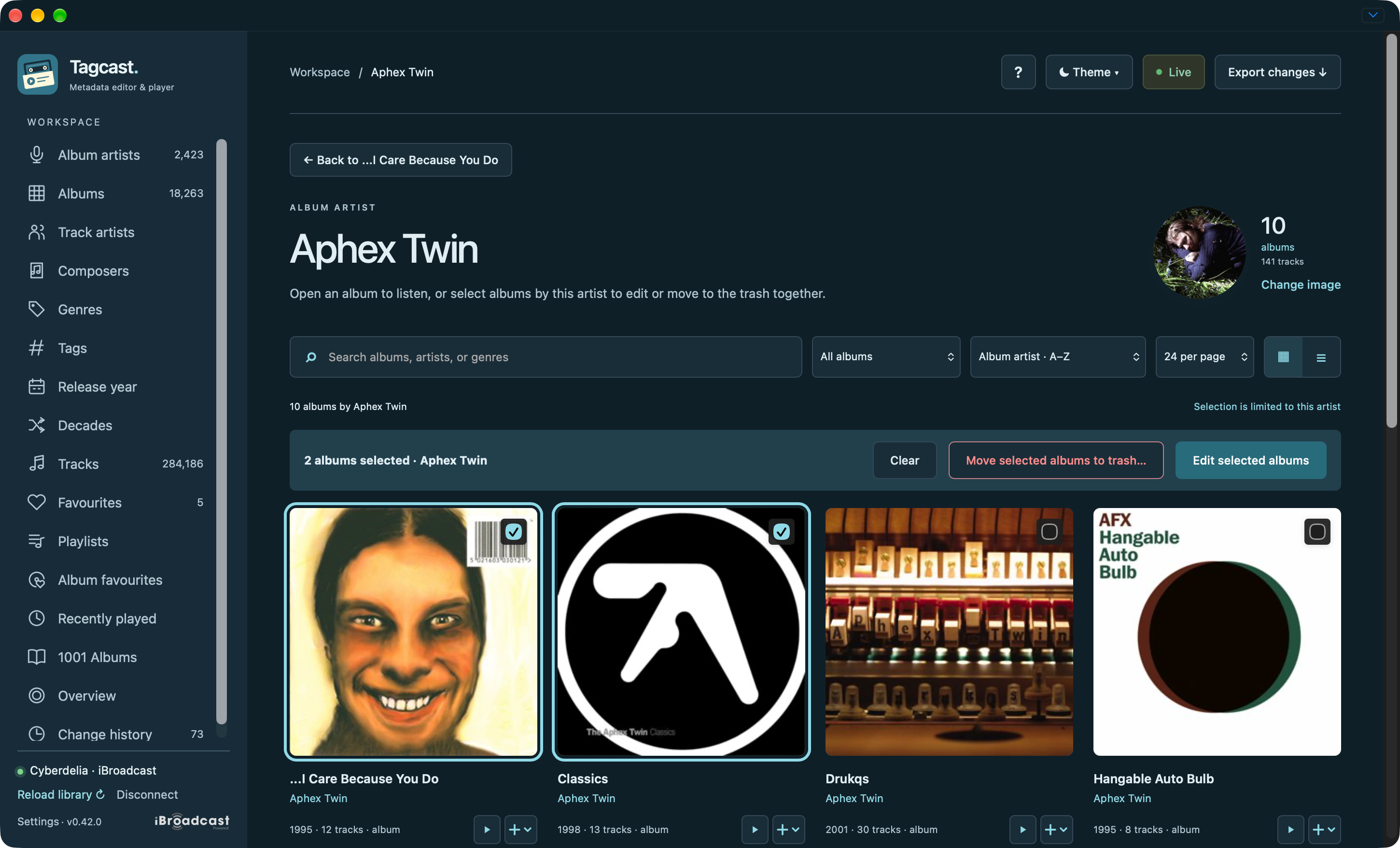 Two Aphex Twin albums selected with edit and reviewed trash actions