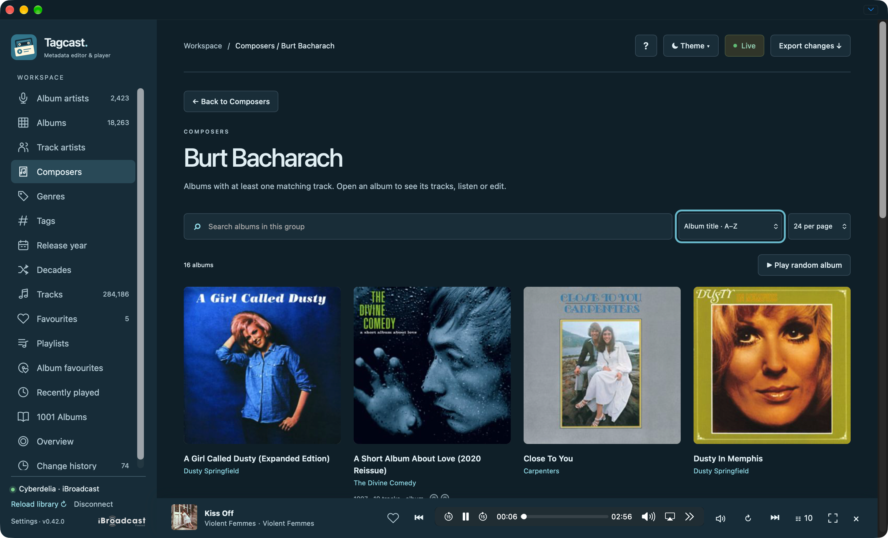Burt Bacharach composer albums with sorting and random playback