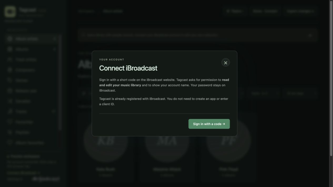 Tagcast's connection dialog, with direct code sign-in and no client ID setup
