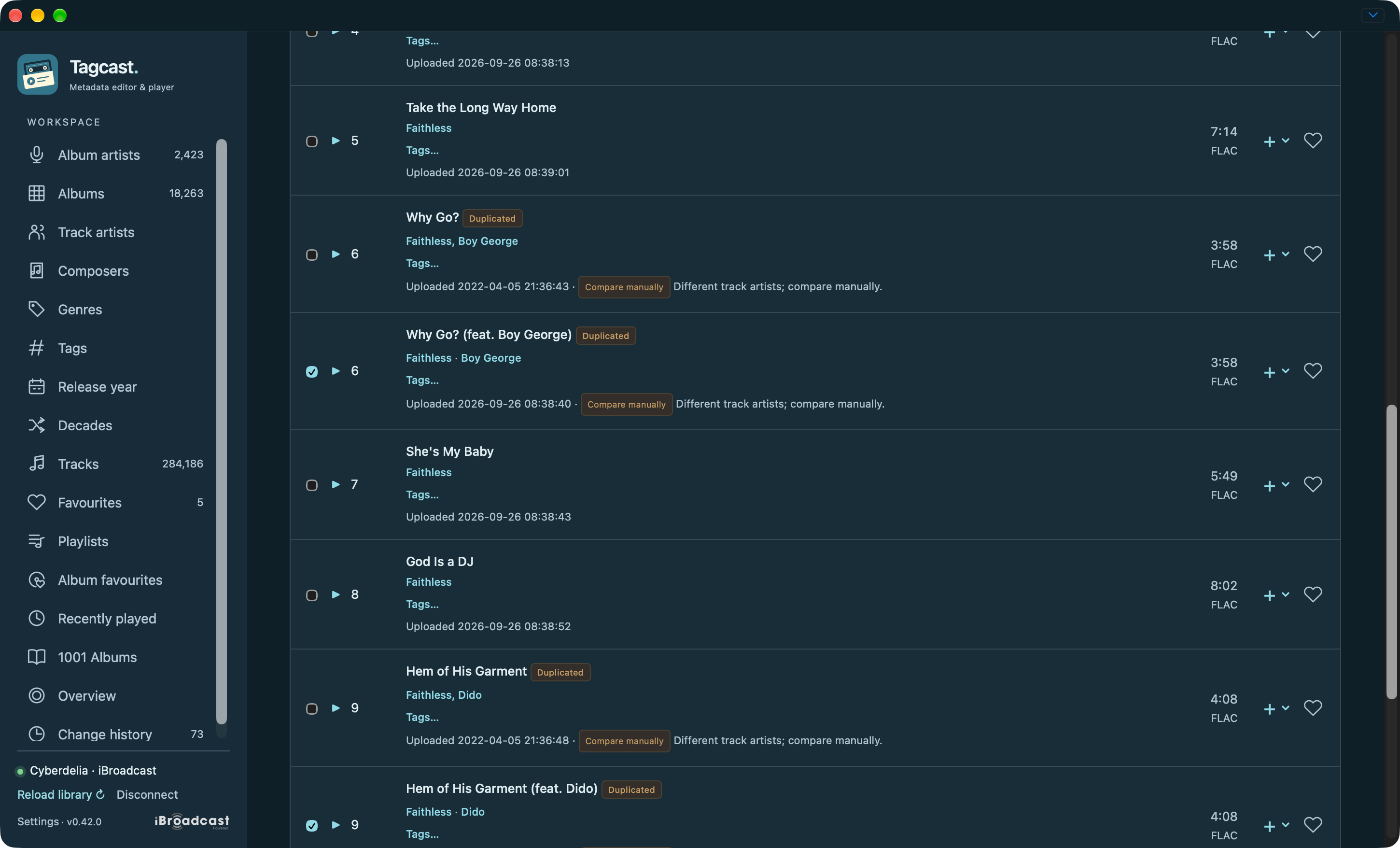 Manual track selection with upload timestamps, FLAC formats and Compare manually notices for different artist credits