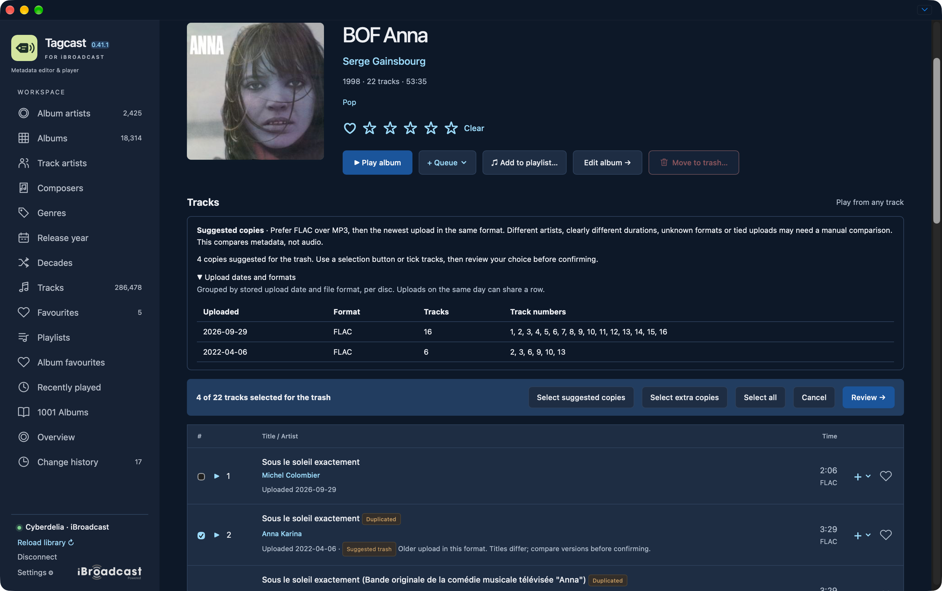 Earlier-interface duplicate selection showing upload-date groups and Select suggested copies on BOF Anna