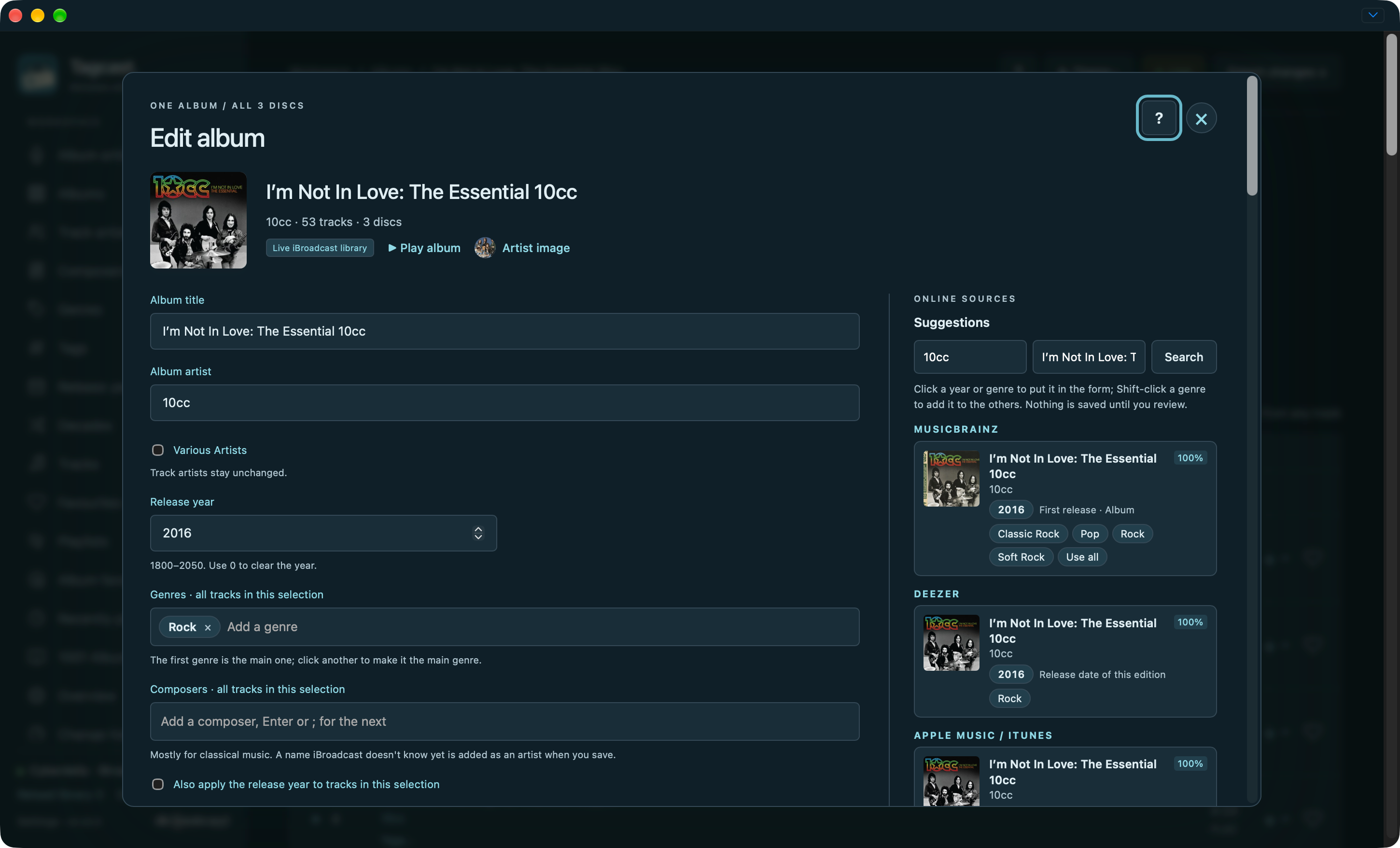 10cc metadata editor with album fields, genres and online source suggestions