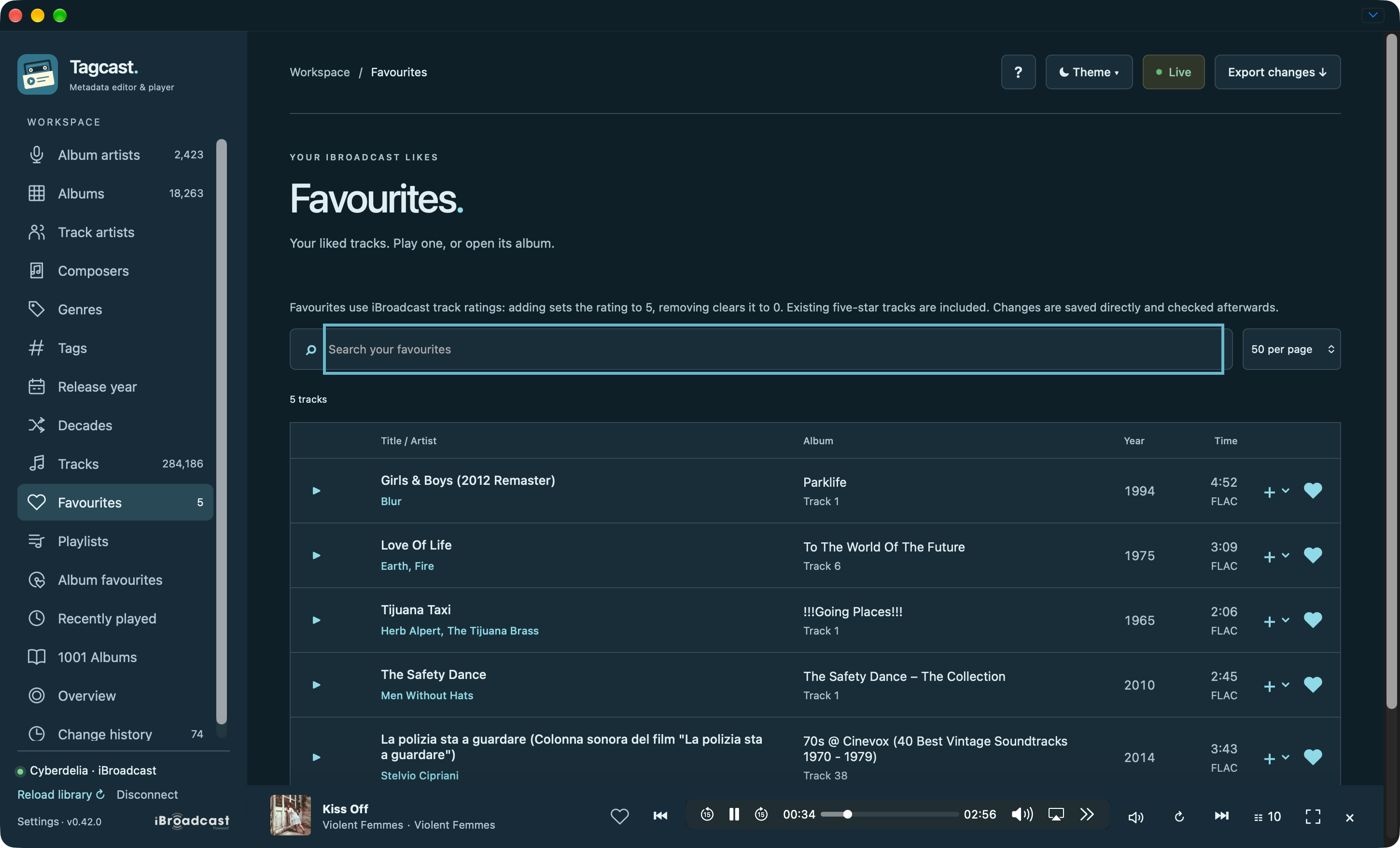 Track favourites with artist and album details, hearts and playback controls
