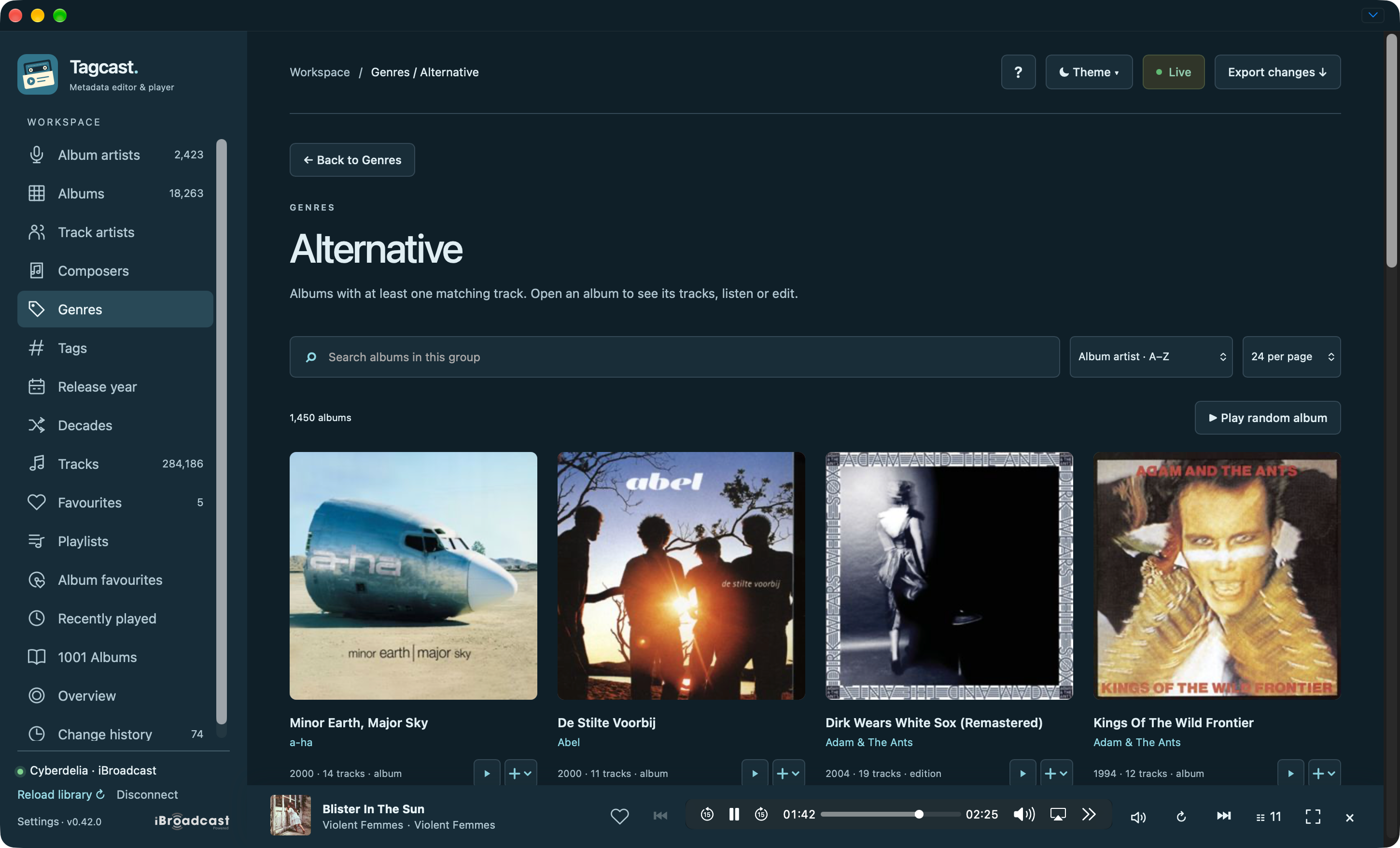 Alternative genre albums with random album playback and the compact player
