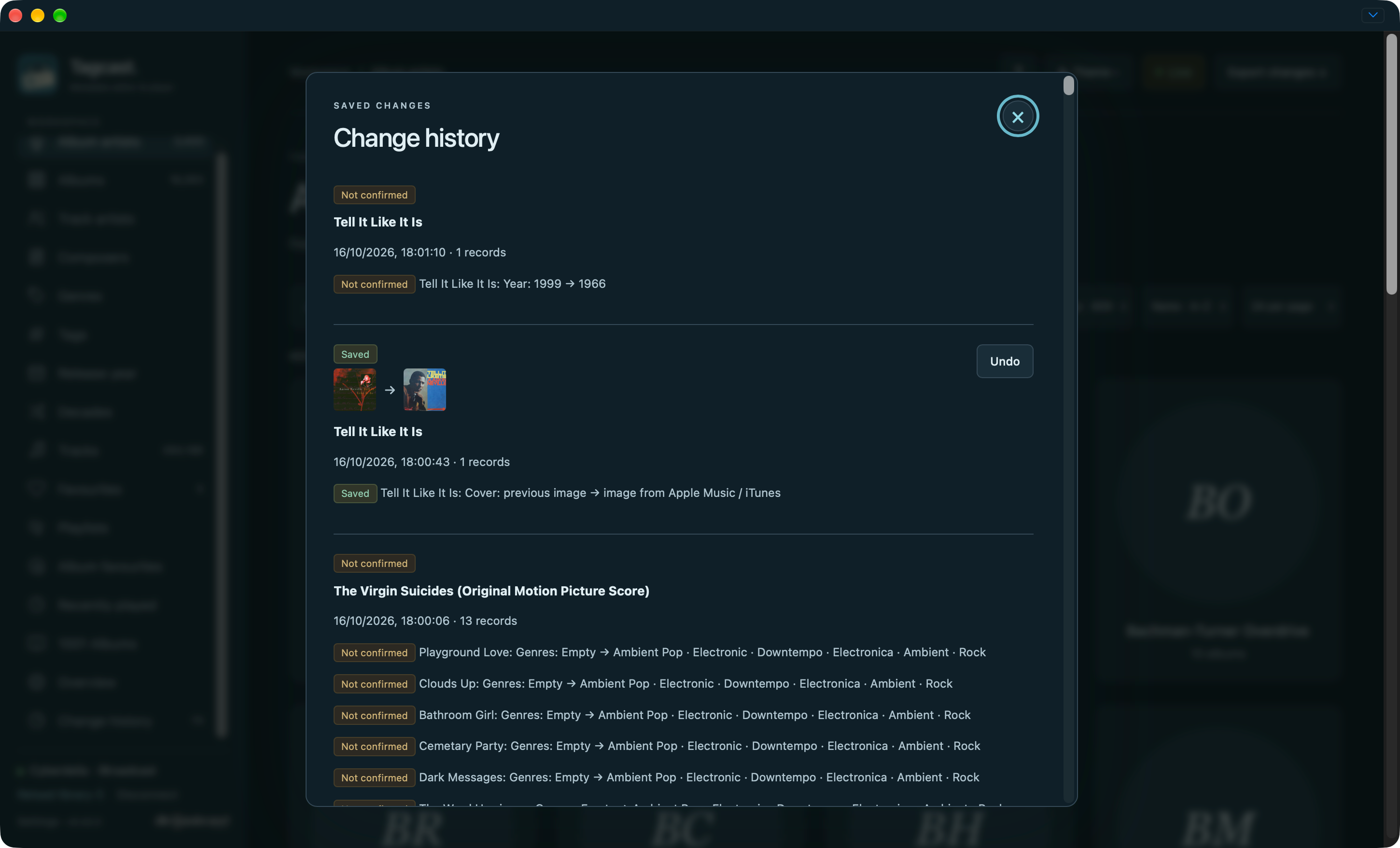 Change history showing saved artwork and unconfirmed metadata results