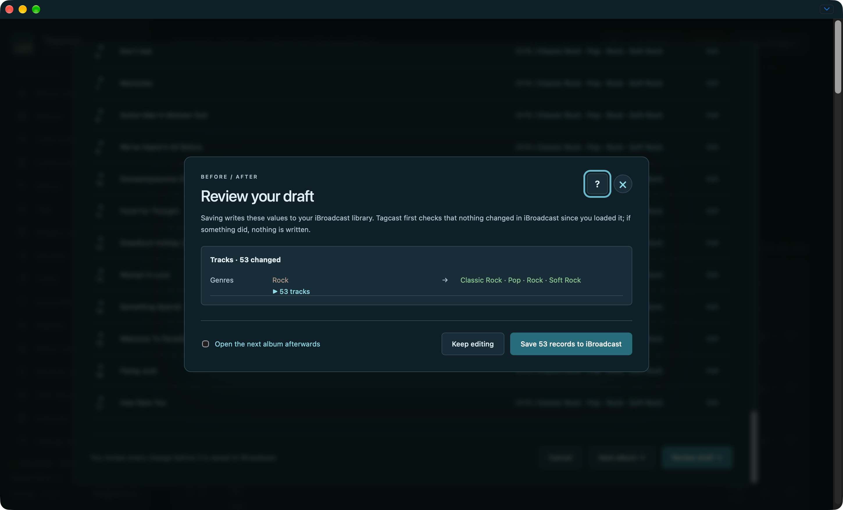 Metadata review showing genre changes across 53 tracks, before saving