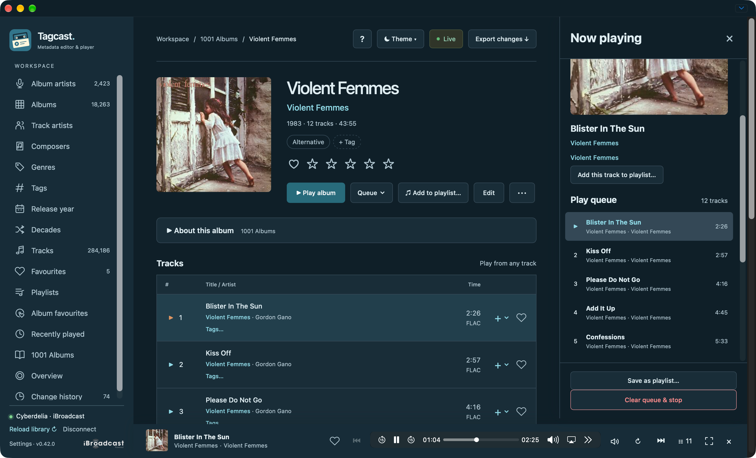 Album page with Now playing and its track queue open