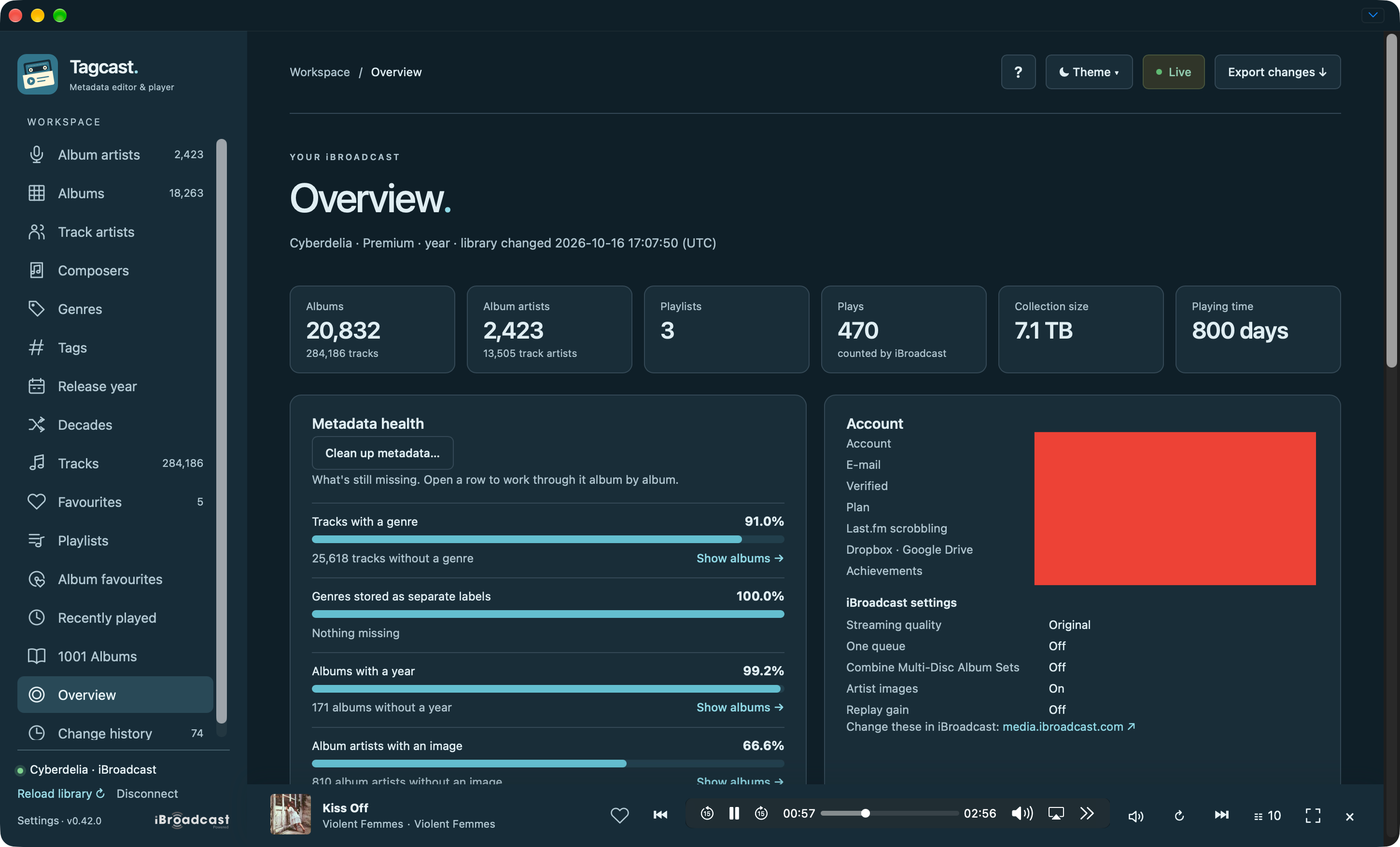 Library overview with collection totals, metadata health and redacted account values