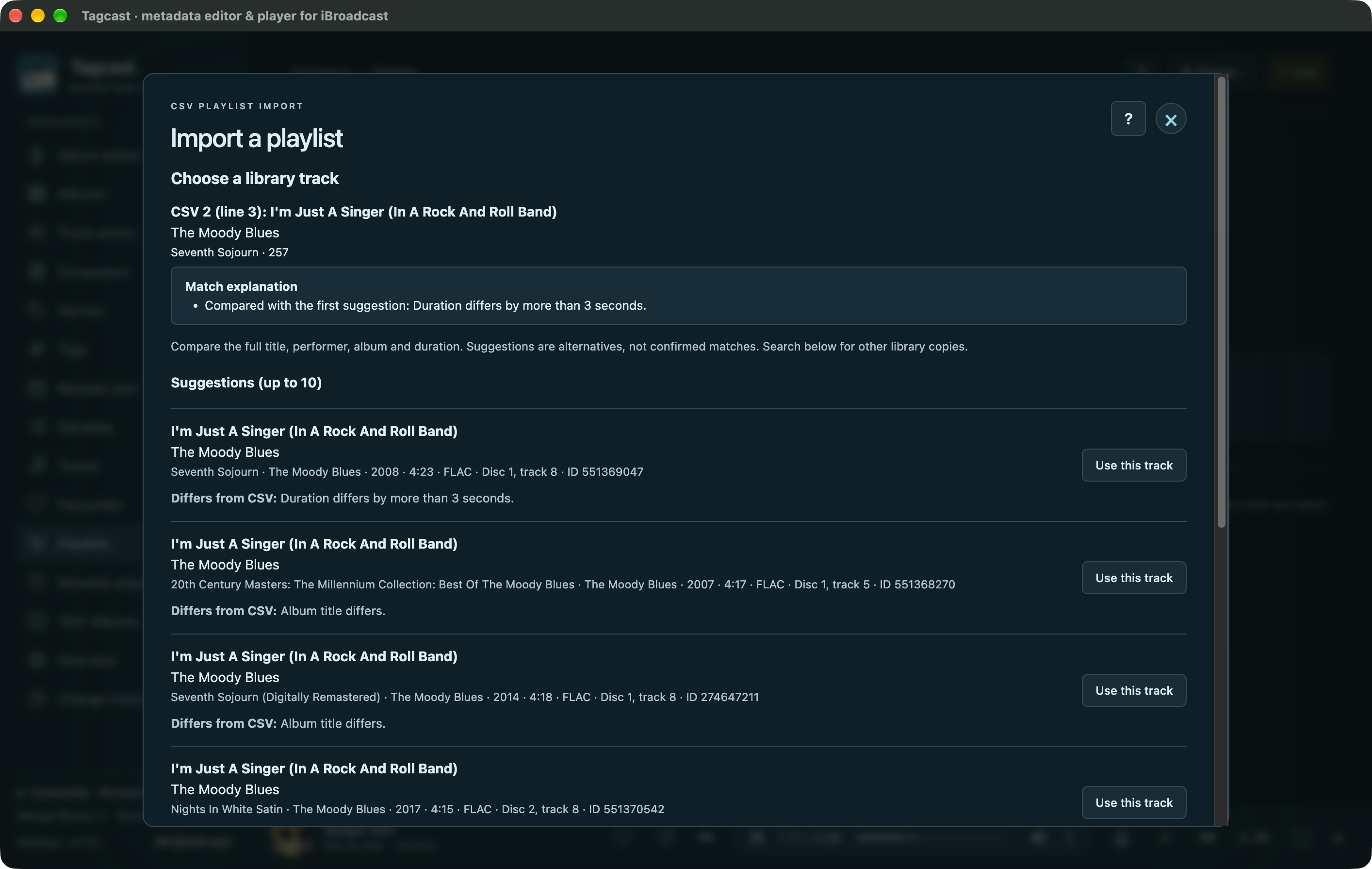 Compare library tracks and choose a match