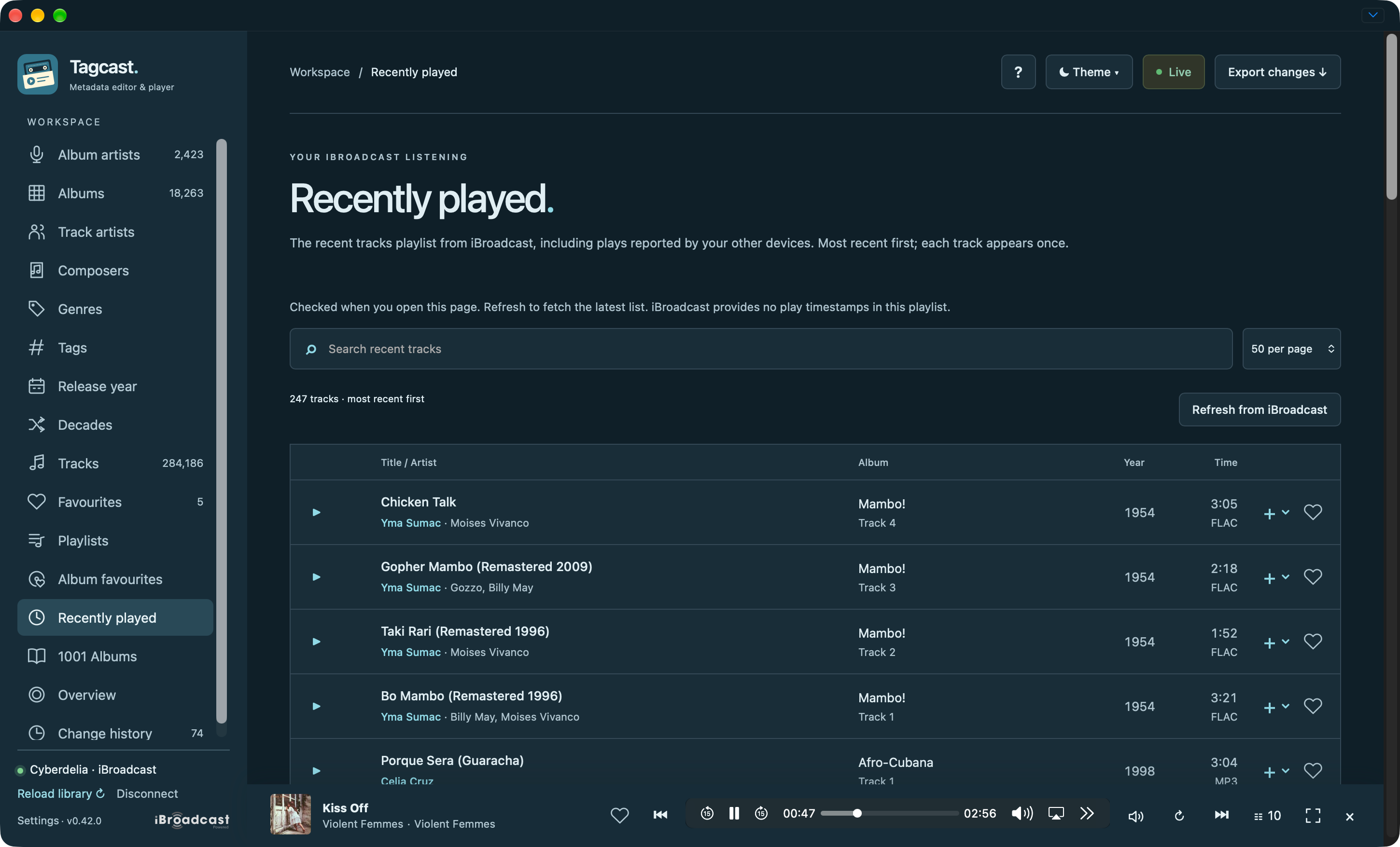 Recently played list with Yma Sumac tracks and a separate active compact player