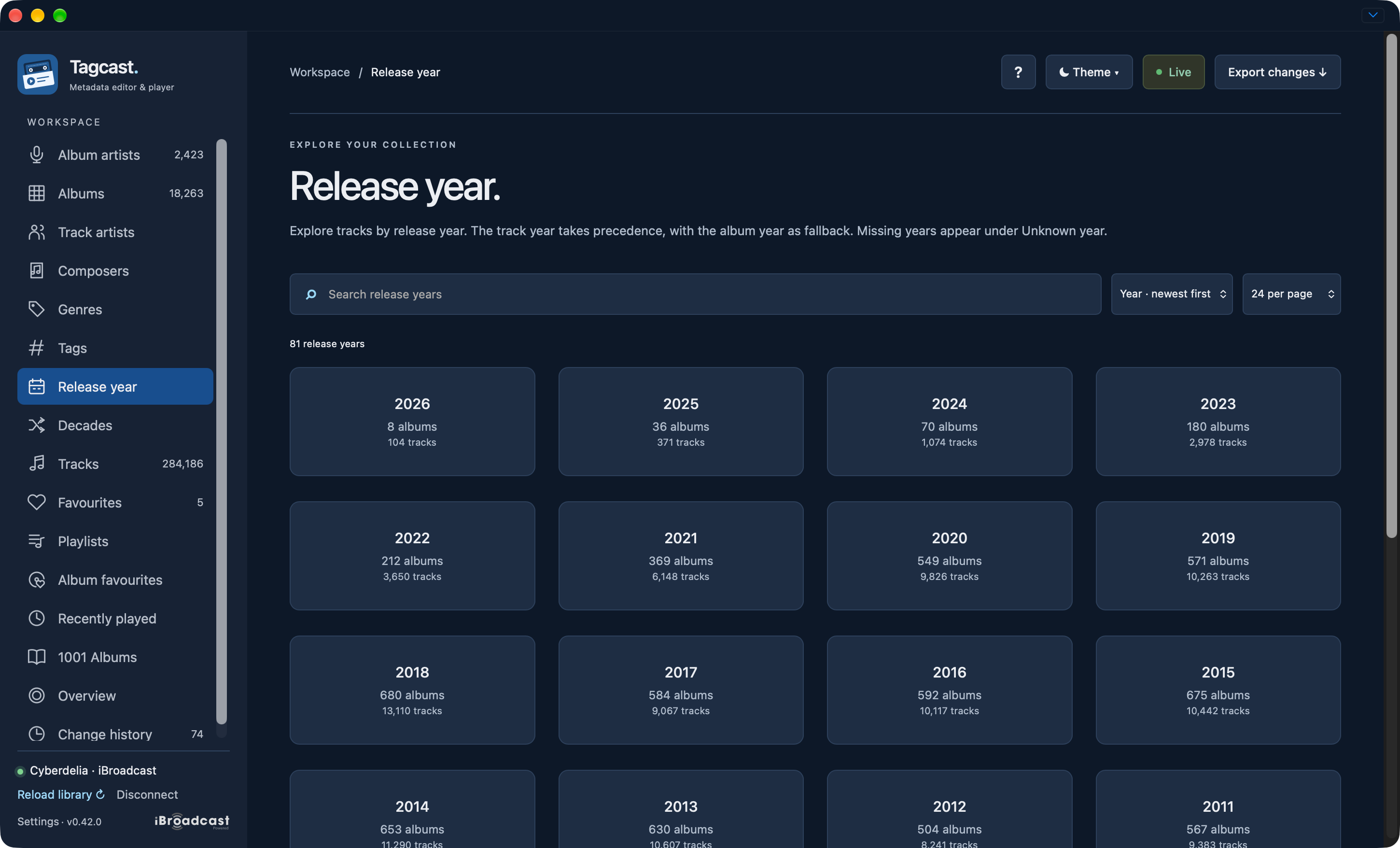 Release-year overview with year cards and album and track totals