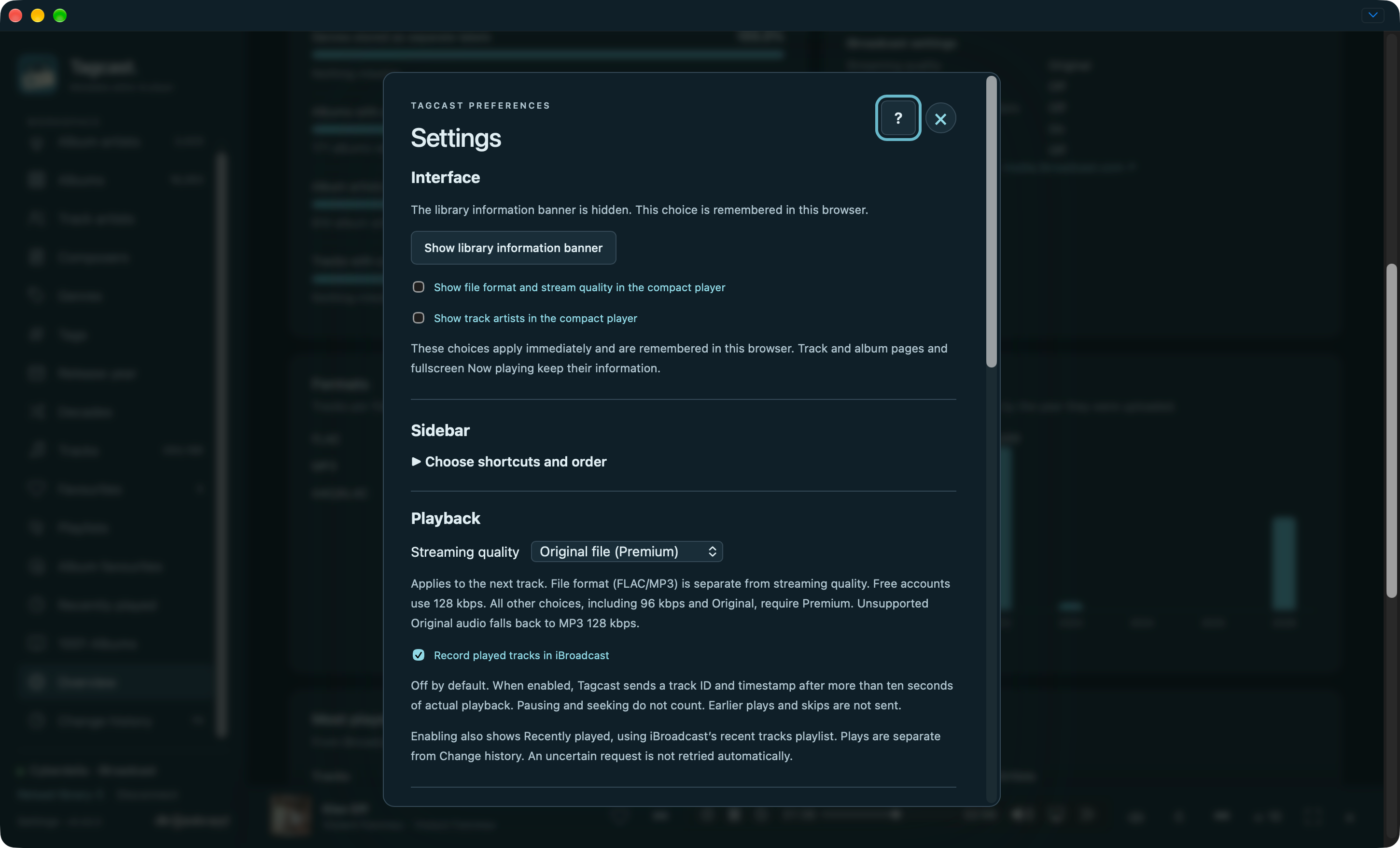 Settings showing interface preferences, sidebar customization and playback options
