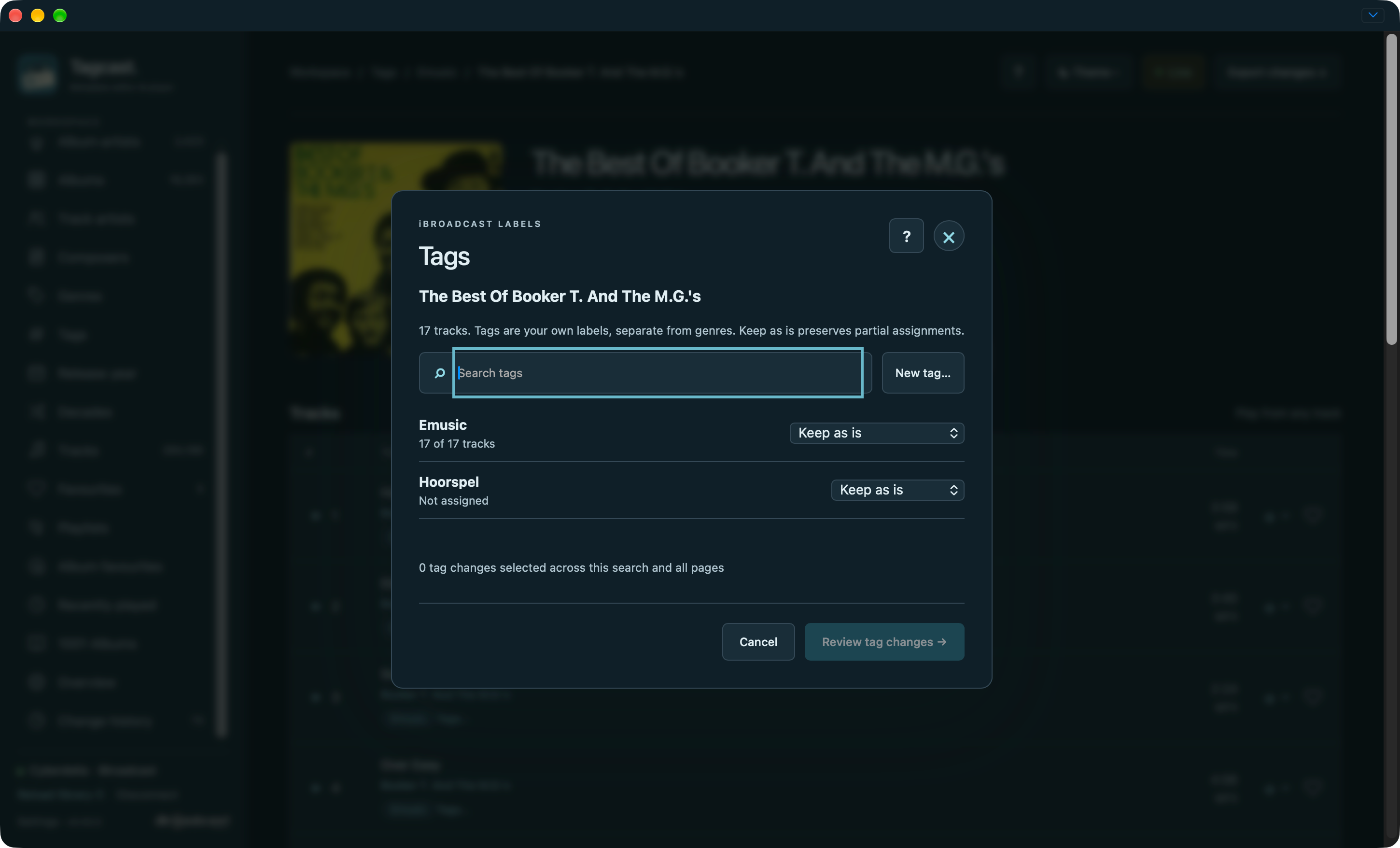 Album tag manager showing assignment counts and Keep as is choices