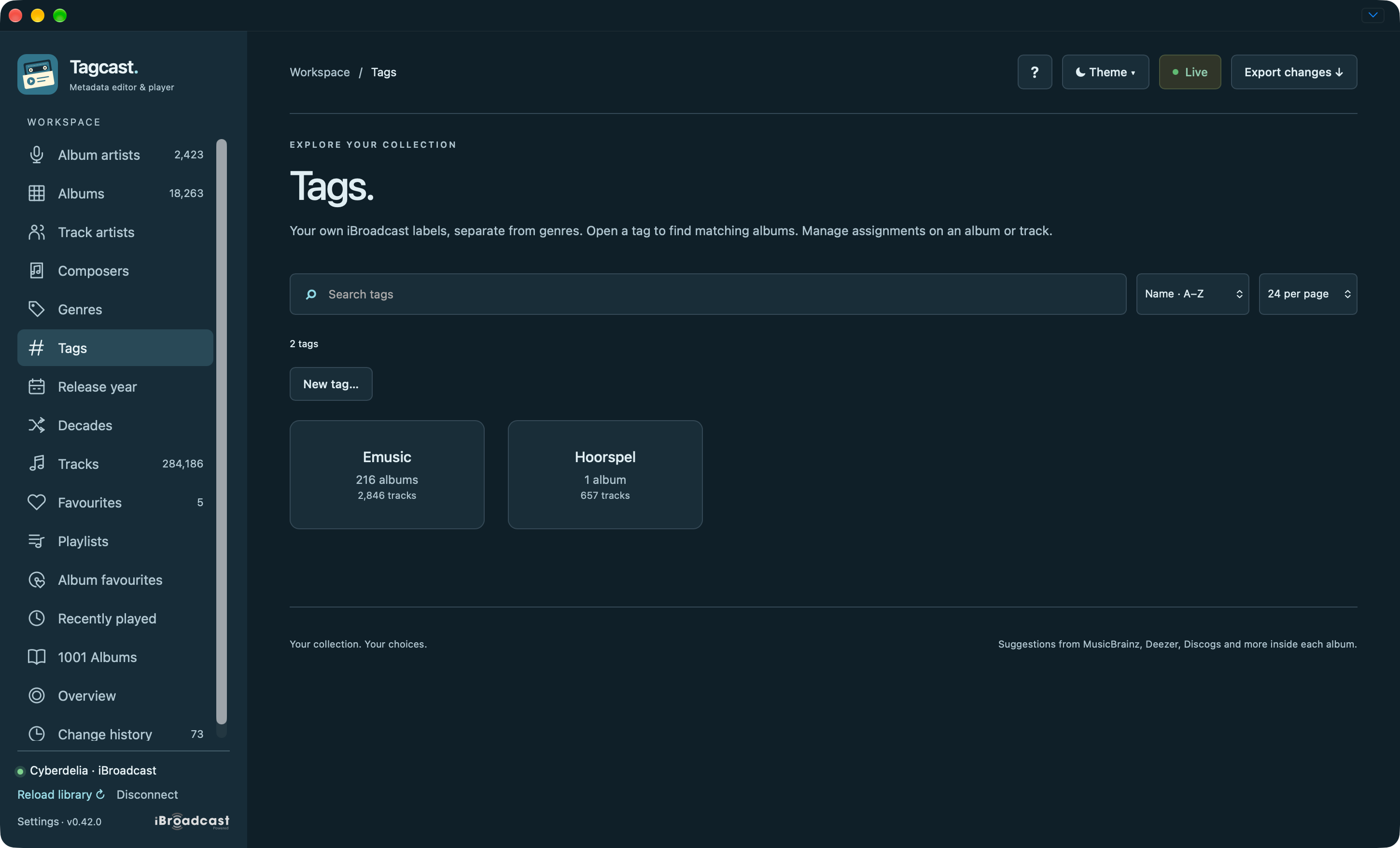 Tags overview showing Emusic and Hoorspel with album and track counts