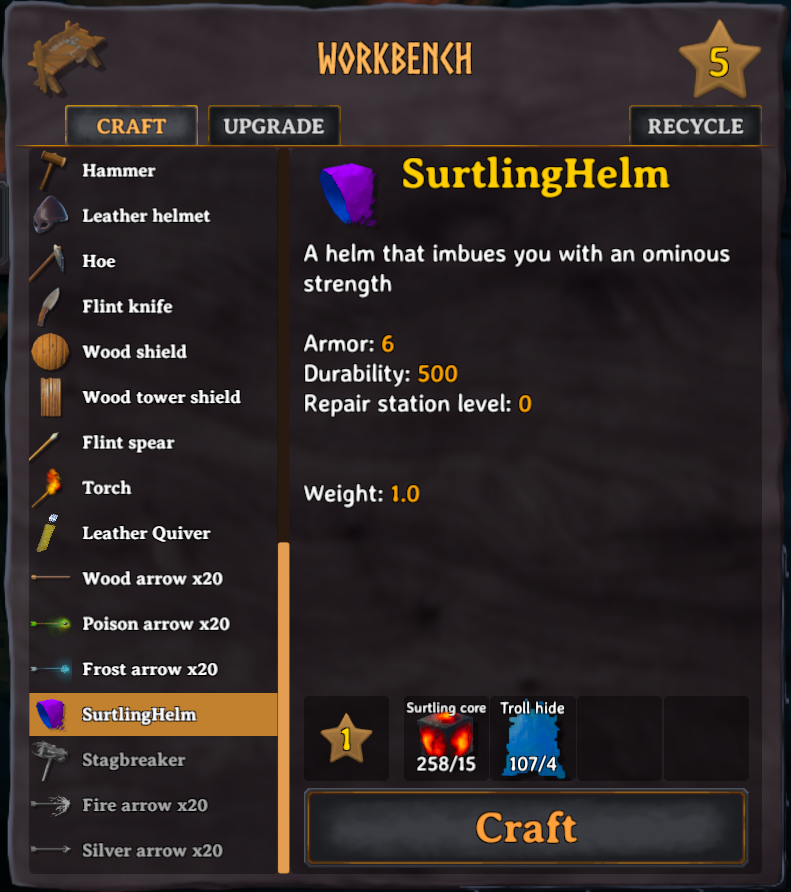 Surtling Helm in the crafting menu