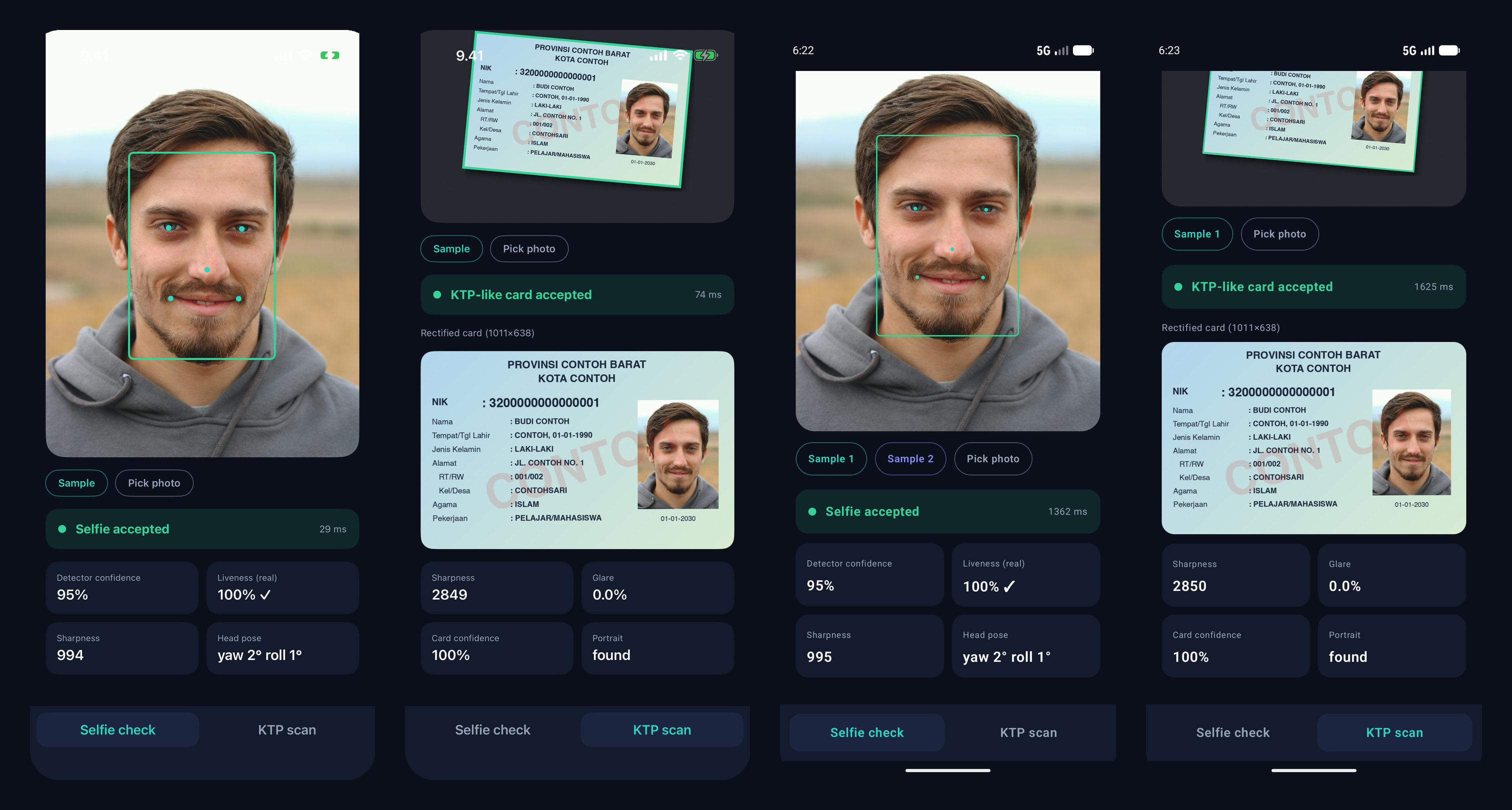 Faktel sample apps on iPhone (left two) and Android (right two): a selfie accepted with face box, landmarks and liveness, and a KTP-like card detected, rectified and validated
