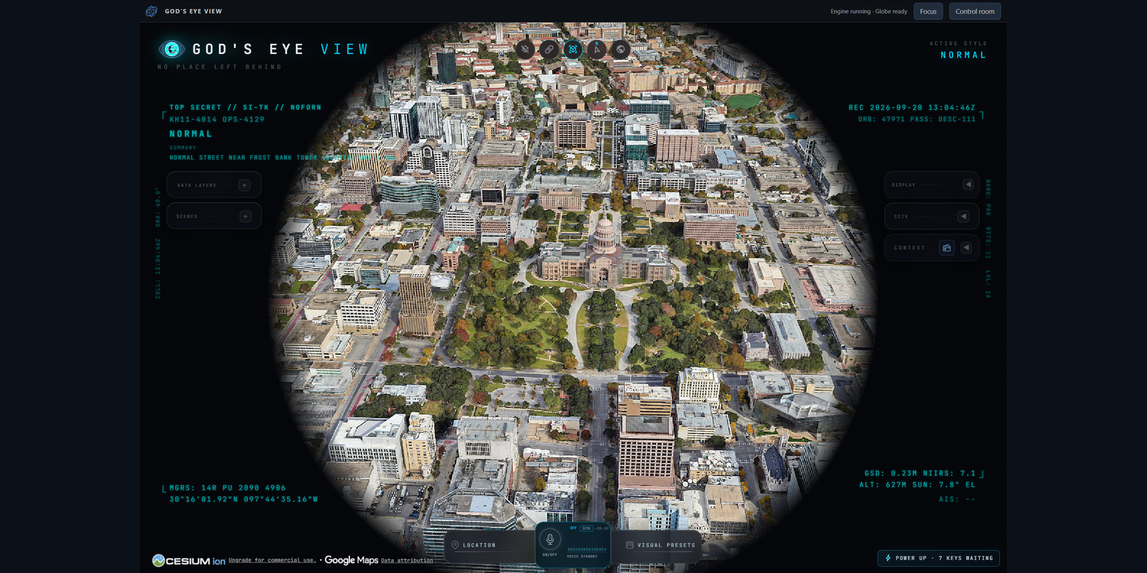 The real GEV interface embedded in Hermes Desktop, showing an aerial city view and the plugin flight deck.