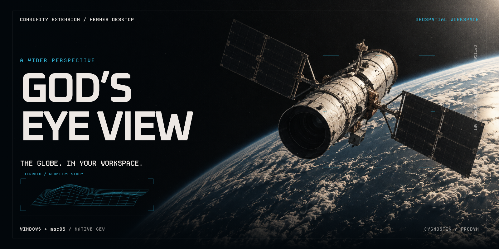 God’s Eye View — the globe in your workspace. Original satellite concept art for the community Hermes Desktop integration.