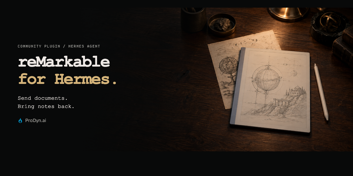reMarkable for Hermes — a paper-like tablet beside scientific sketches, with a discreet ProDyn.ai credit
