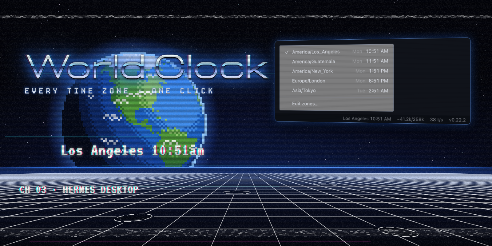 World Clock: a synthwave sun over a neon grid, beside the real drop-up menu listing five time zones
