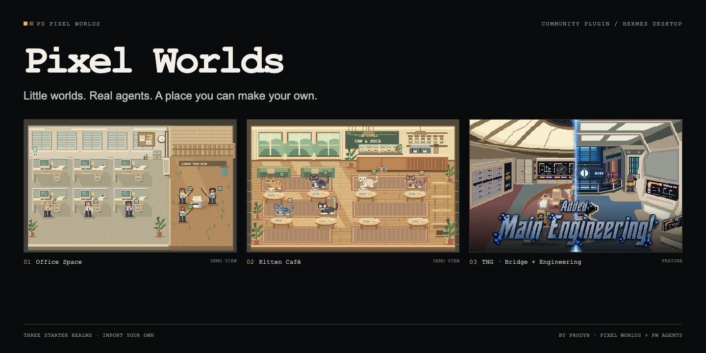 Office Space, Kitten Café and a split Bridge–Engineering feature graphic, using demonstration agents