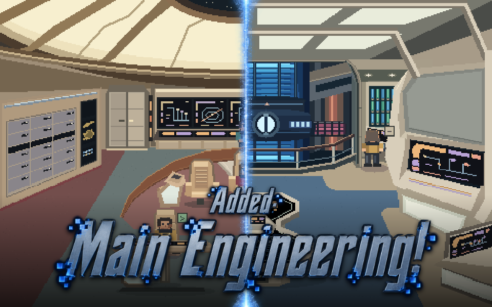 Added: Main Engineering! Bridge on the left, Engineering on the right, joined by a blue transporter beam — promotional composite