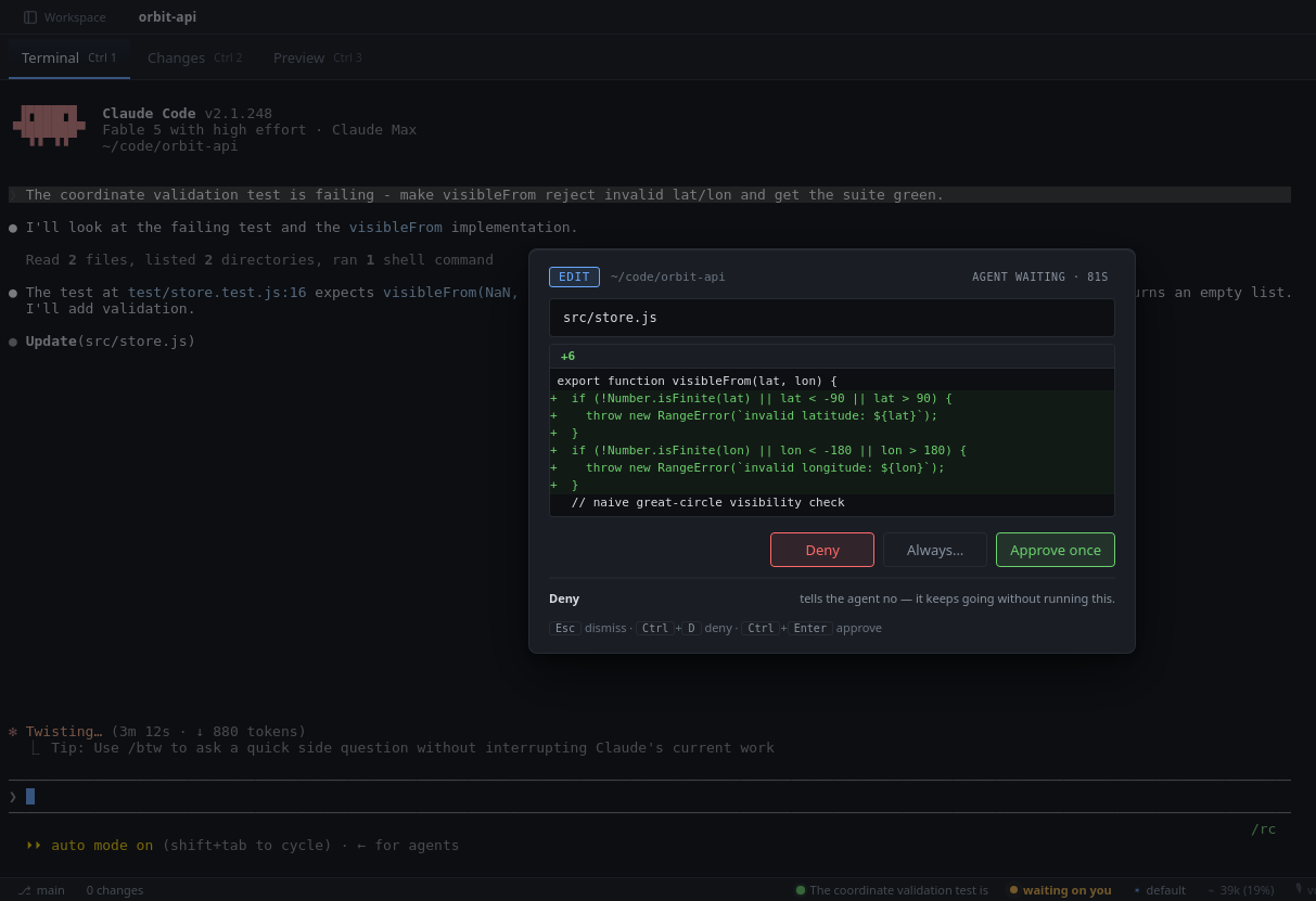 Per-tool approval modal showing an Edit with its inline diff, Deny / Always / Approve once buttons, keyboard shortcuts and a live countdown