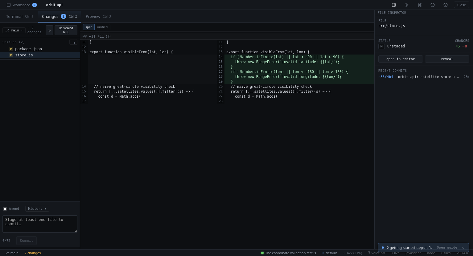 Changes tab: split git diff of the agent's edit with file list, commit box and file inspector