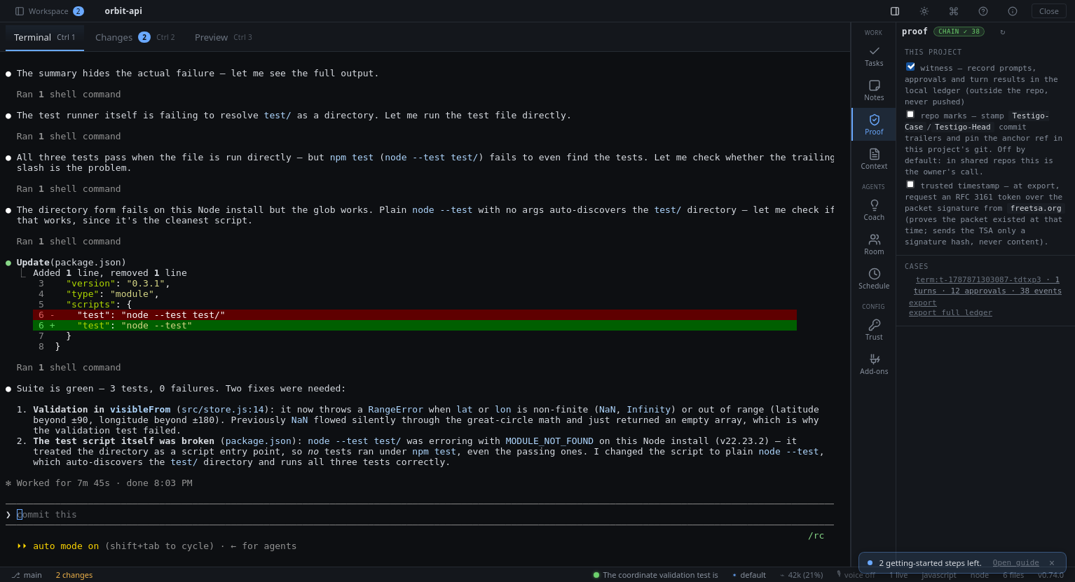 A full agent turn in Agent Console: the terminal shows the agent fixing a failing test and finding a second bug in the test runner, while the Proof panel shows the verified hash chain with 12 approvals and 38 events