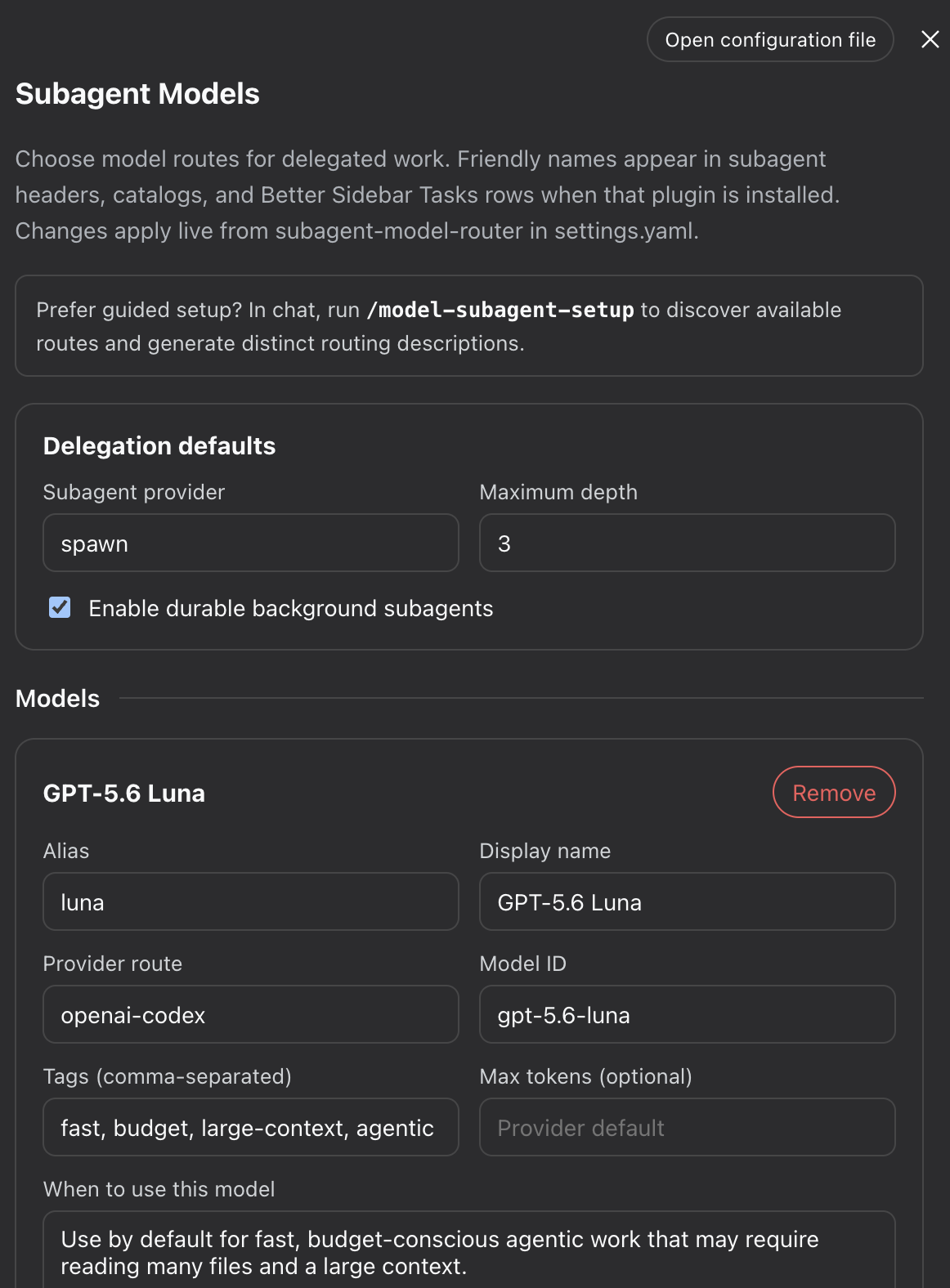Subagent Model Router settings for aliases, providers, tags, token limits, and routing guidance