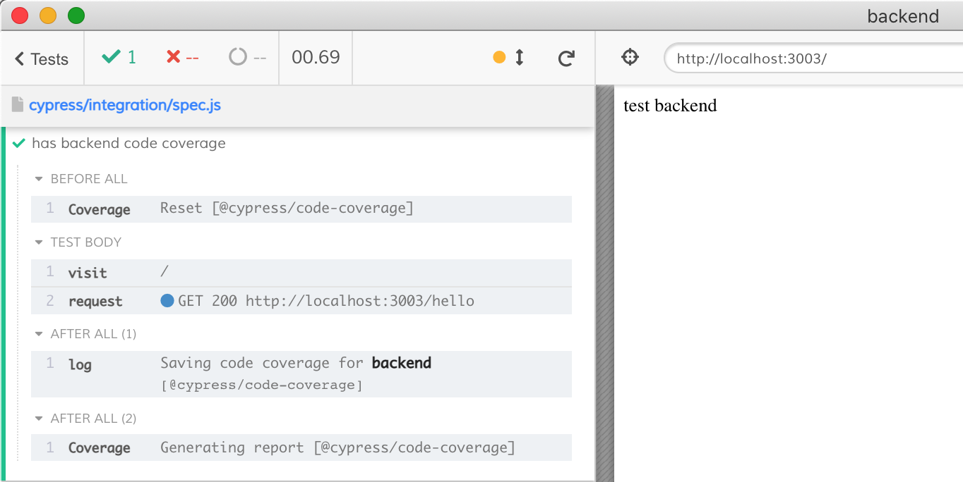 Cypress knows to expect the backend code coverage only