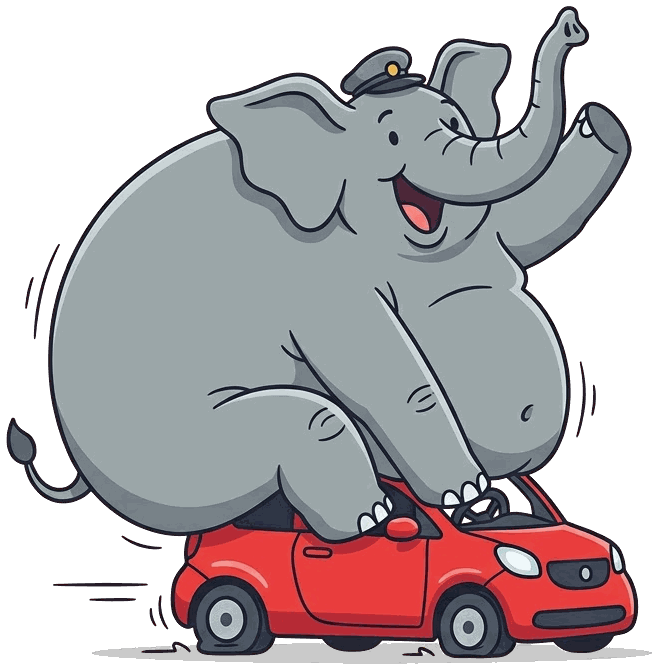 Flux logo: a cheerful cartoon elephant in a driver's cap squeezed onto a tiny red car