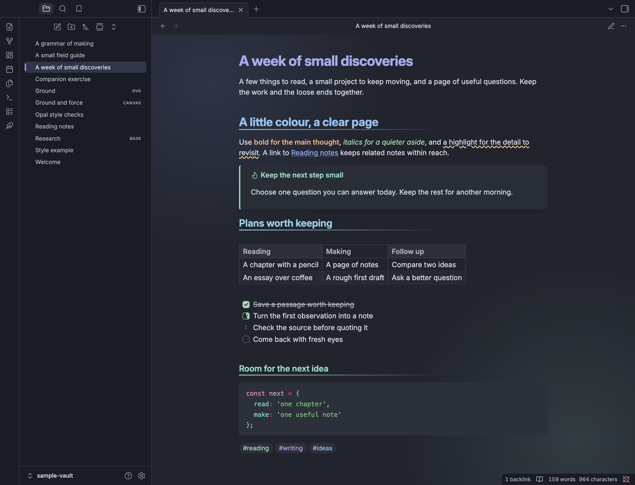 Opal in dark mode, showing colourful headings, a callout, a table, tasks and code