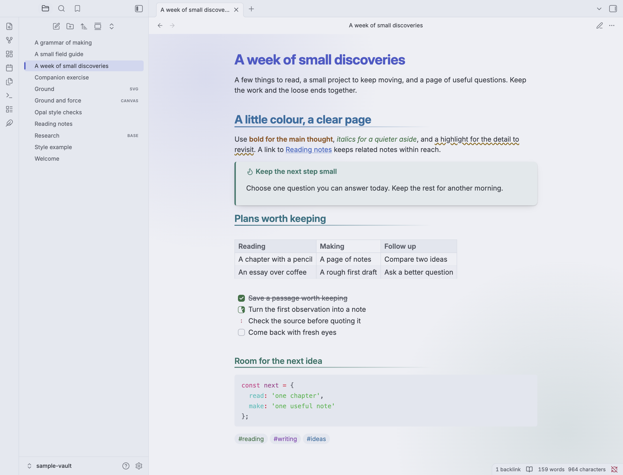 The same note in Opal light mode, with pale grey pages and the same colour-coded elements